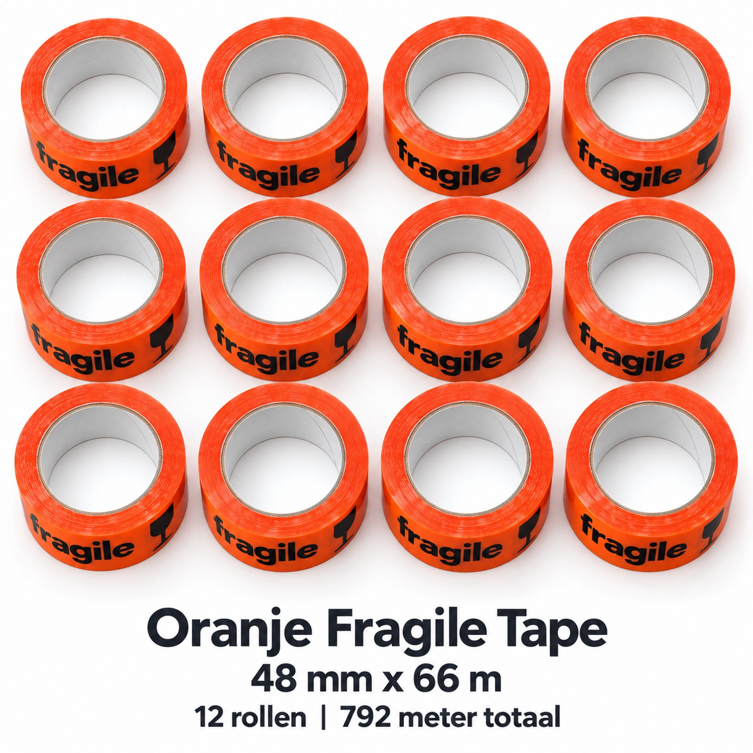 Oranje Fragile/Breekbaar Waarschuwingstape - 48 mm x 66 m - 12 Rollen