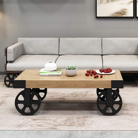 Bijzettafeltjes Salontafel Industrieel Smeedijzeren Tafeltje In Industriële Stijl, Retro American Country Salontafel, Woonkamer Creatieve Grenen Theetafel (Color : Beige, Size : 80 * 60 * 40cm) — afbeelding 4