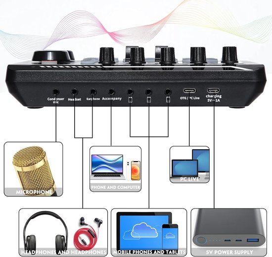 Geluidskaart- en audio-interface met DJ-mixer-effecten en stemwisselaar, F988 Bluetooth stereo audiomixer, voor live Youtube streaming, pc, opnamestudio en gaming — afbeelding 4