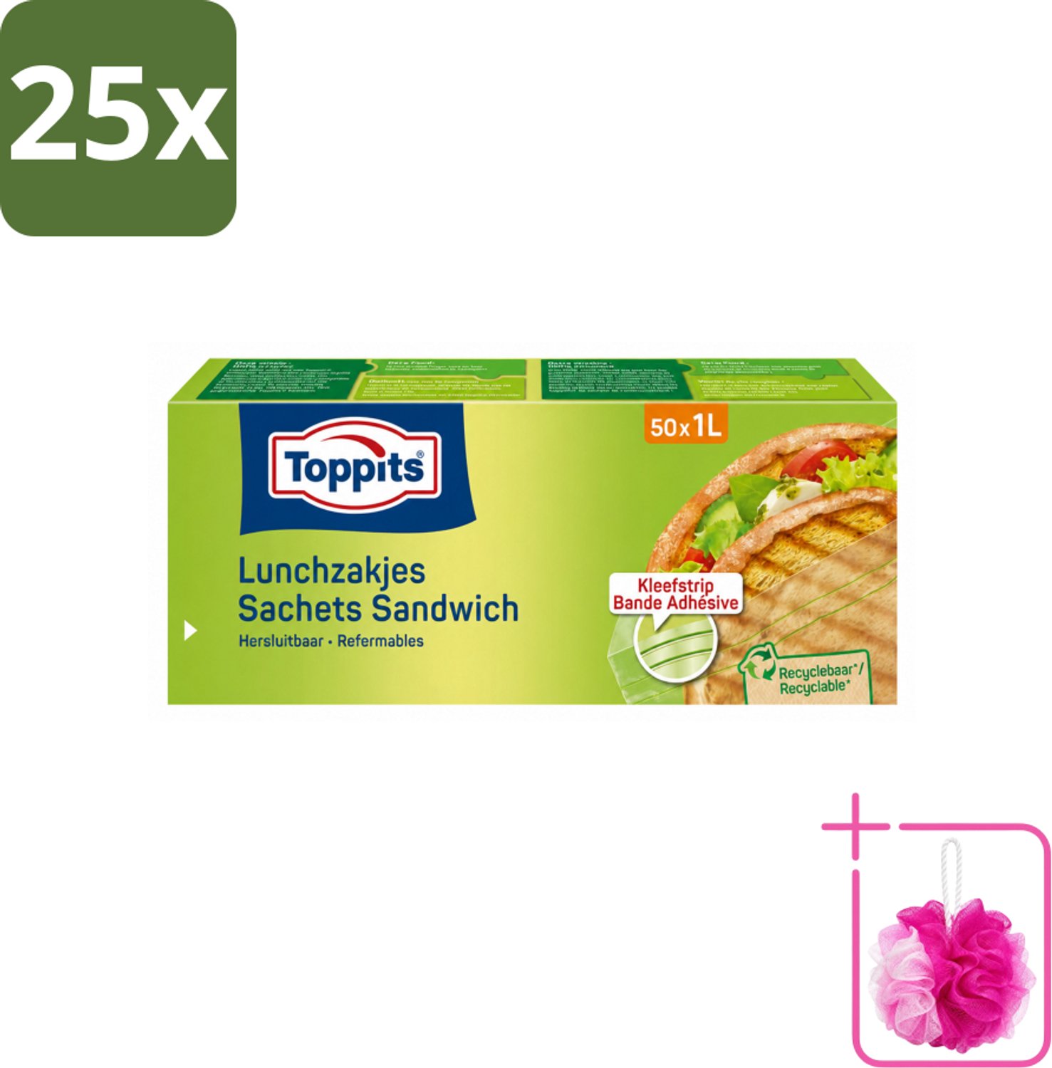 25 x Toppits – Lunchzakjes – Hersluitbaar – 1 Liter – 50 Zakjes - Bulkverpakking - Sandwichzakjes - Douchemop - Lunchzakjes