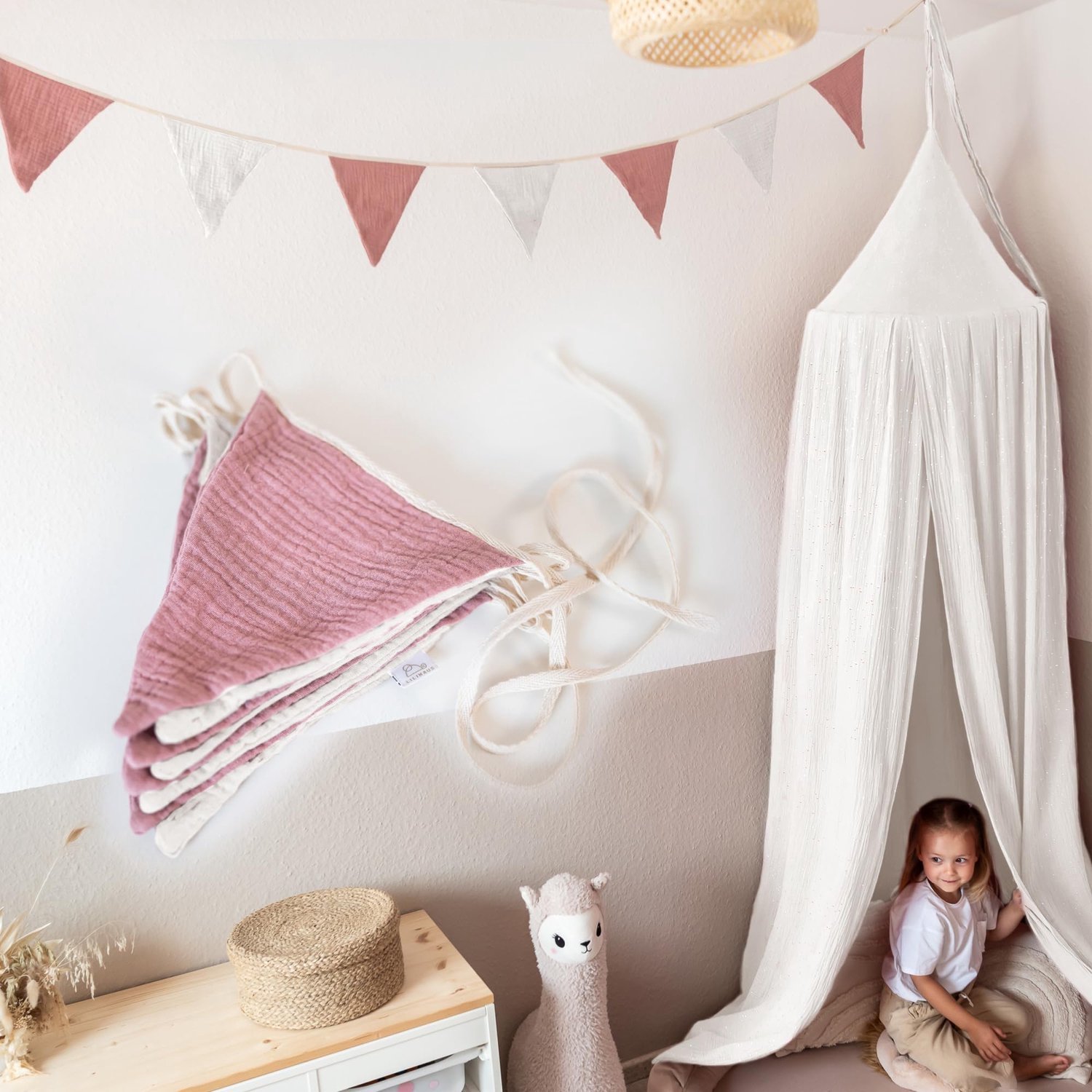 LILIMAUS Vlaggenlijn stof kinderkamer - stoffen slinger van mousseline katoen - 300 cm - roze en wit