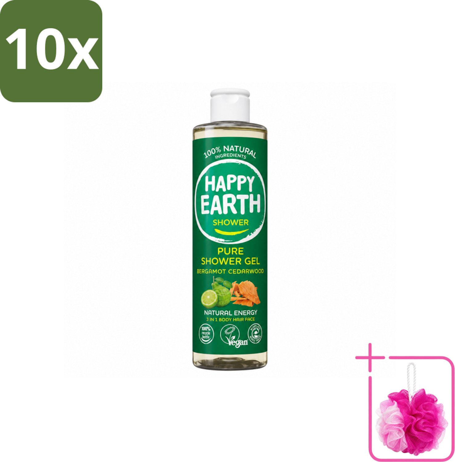 10 x Happy Earth – Douchegel – 100% Natuurlijk Bergamot Cedarwood – 300 ml - Bulkverpakking - Douchegel bergamot cederhout - Douchemop - Natuurlijke douchegel