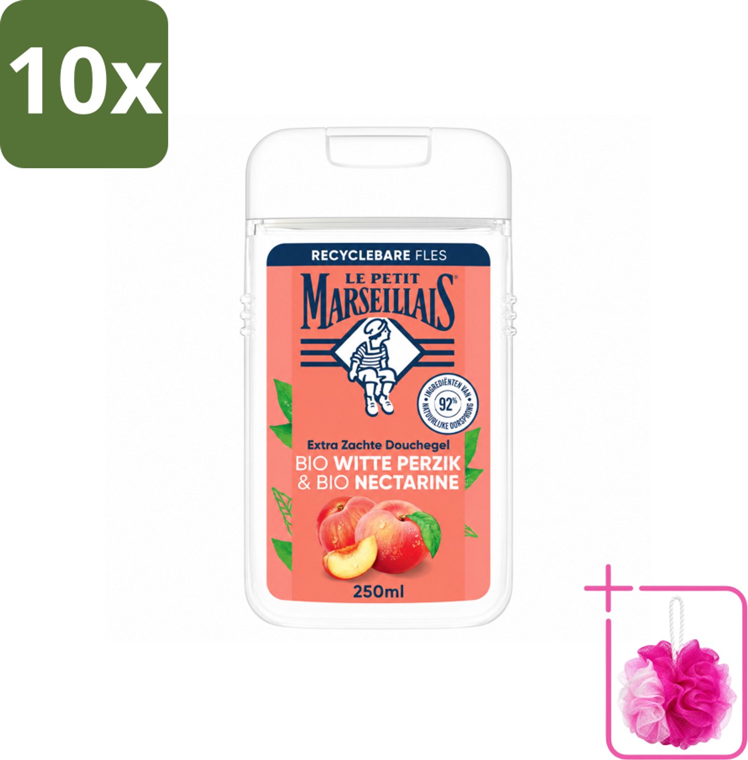 10 x Le Petit Marseillais – Douchegel – Bio Perzik & Nectarine – Verfrissend – 250 ml - Bulkverpakking - Douchegel bio perzik en nectarine - Douchemop - Frisse douchegel