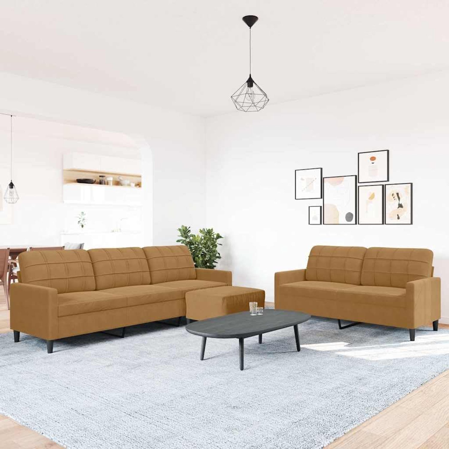 3-delig. Bankset met kussen bruin fluweel, zachte fluwelen bank met metalen frame en veelzijdige voetenbank voor woonkamer, comfortabele gestoffeerde meubels met modern design