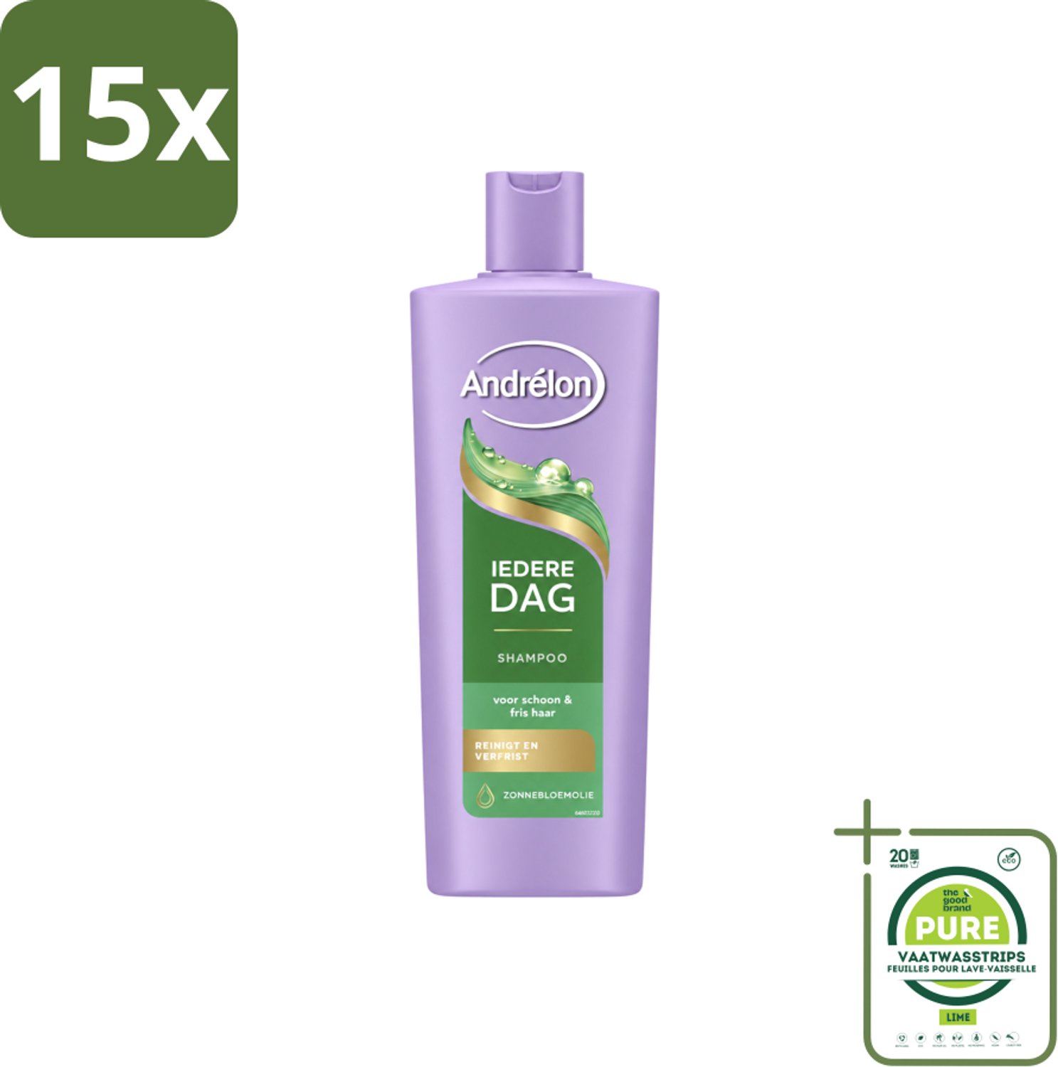 15 x Andrélon – Shampoo – Iedere Dag – 400 ml - Grootverpakking - Vaatwasstrips - Dagelijks Haar Wassen - Fris Haar - Gezond Haar - Zonnebloemolie Shampoo - Milde Shampoo