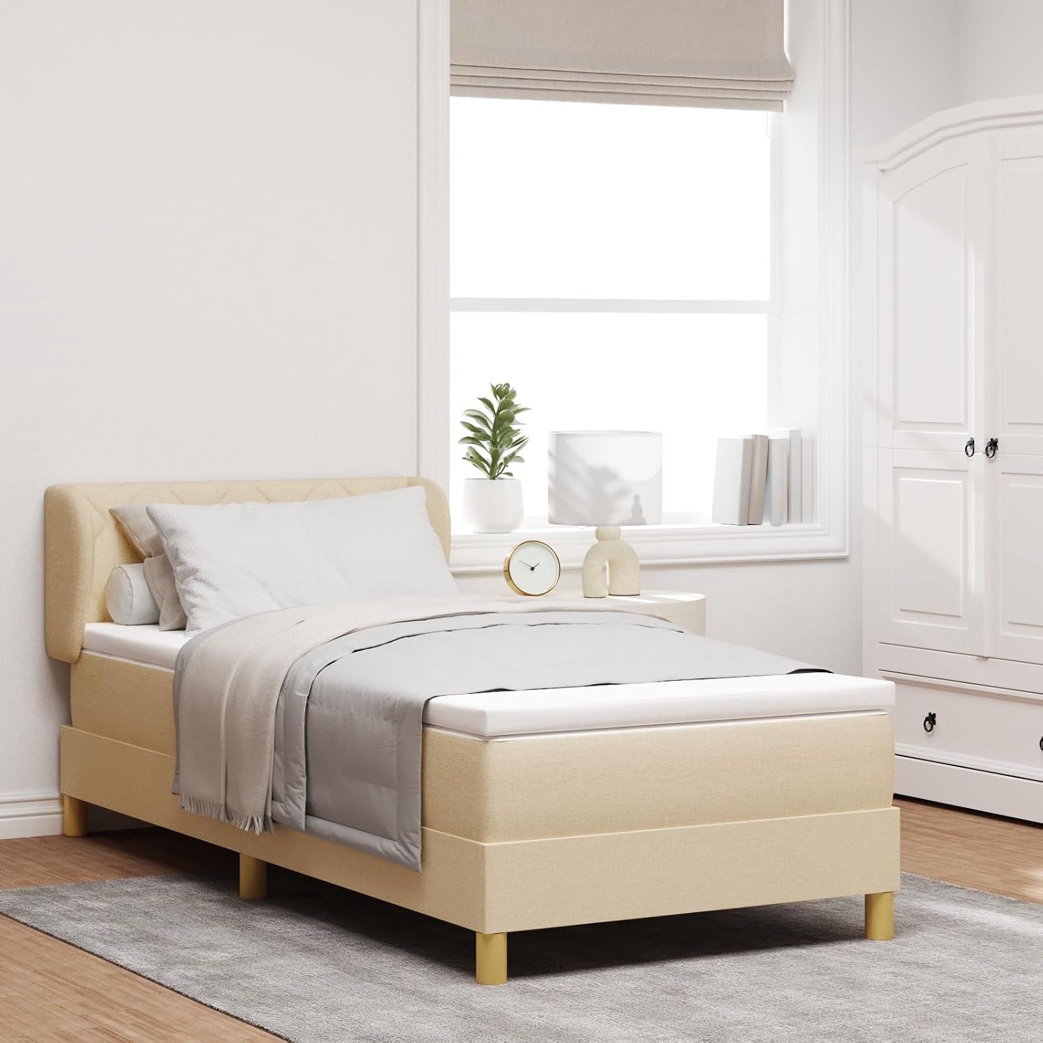 Boxspringbed met matras, crème, 90 x 190 cm, stof, pocketvering, middelhard, ademende slaapmatras met overtrek voor een goede nachtrust en optimale drukontlasting in