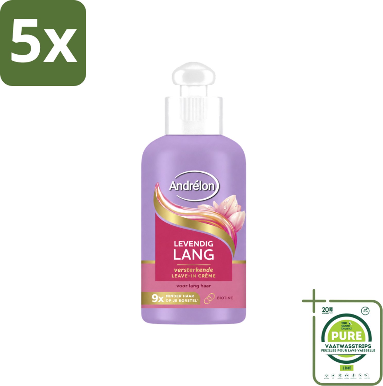 5 x Andrélon – Leave-In Crème – Levendig Lang – 200 ml - Grootverpakking - Vaatwasstrips - Haarbescherming - Haarversterking - Haarbreuk - Biotine - Lang Haar