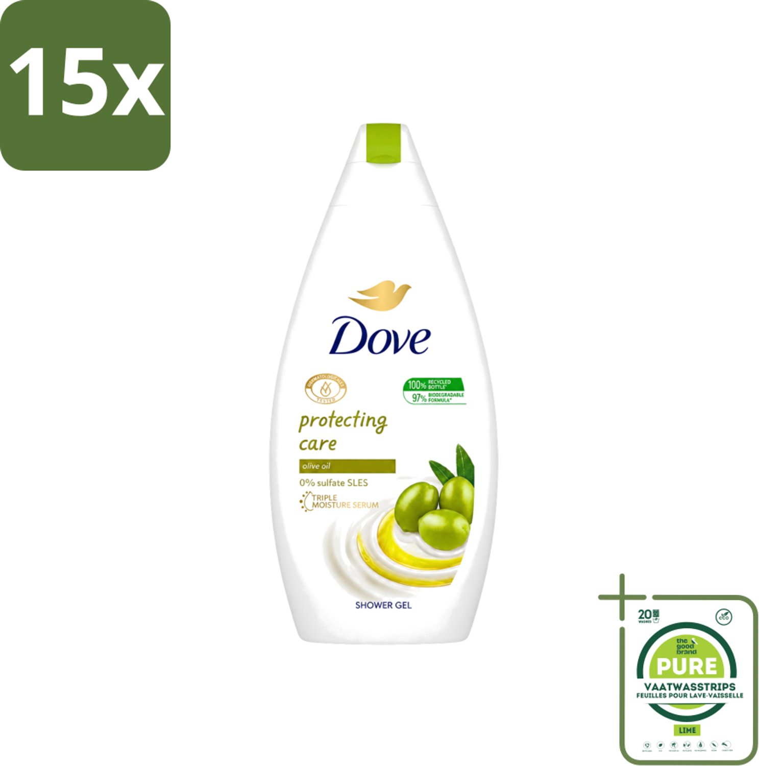15 x Dove Protecting Care - Douchegel - Olijfolie - Sulfaatvrij - 450 ml - Grootverpakking - Vaatwasstrips - Douchegel - Olijfolie - Huidverzorging - Sulfaatvrije Douchegel - Hydraterende Crème