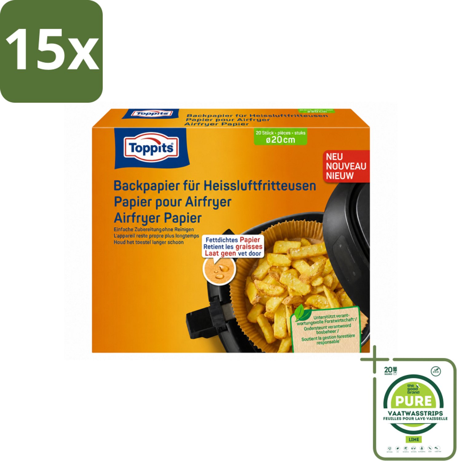15 x Toppits – Airfryer Papier – 20 cm – 20 Zakjes - Grootverpakking - Vaatwasstrips - Airfryer Bakpapier - Bakpapier Airfryer - Gezond Bakpapier - Vetabsorberend Bakpapier - Koken Met Airfryer