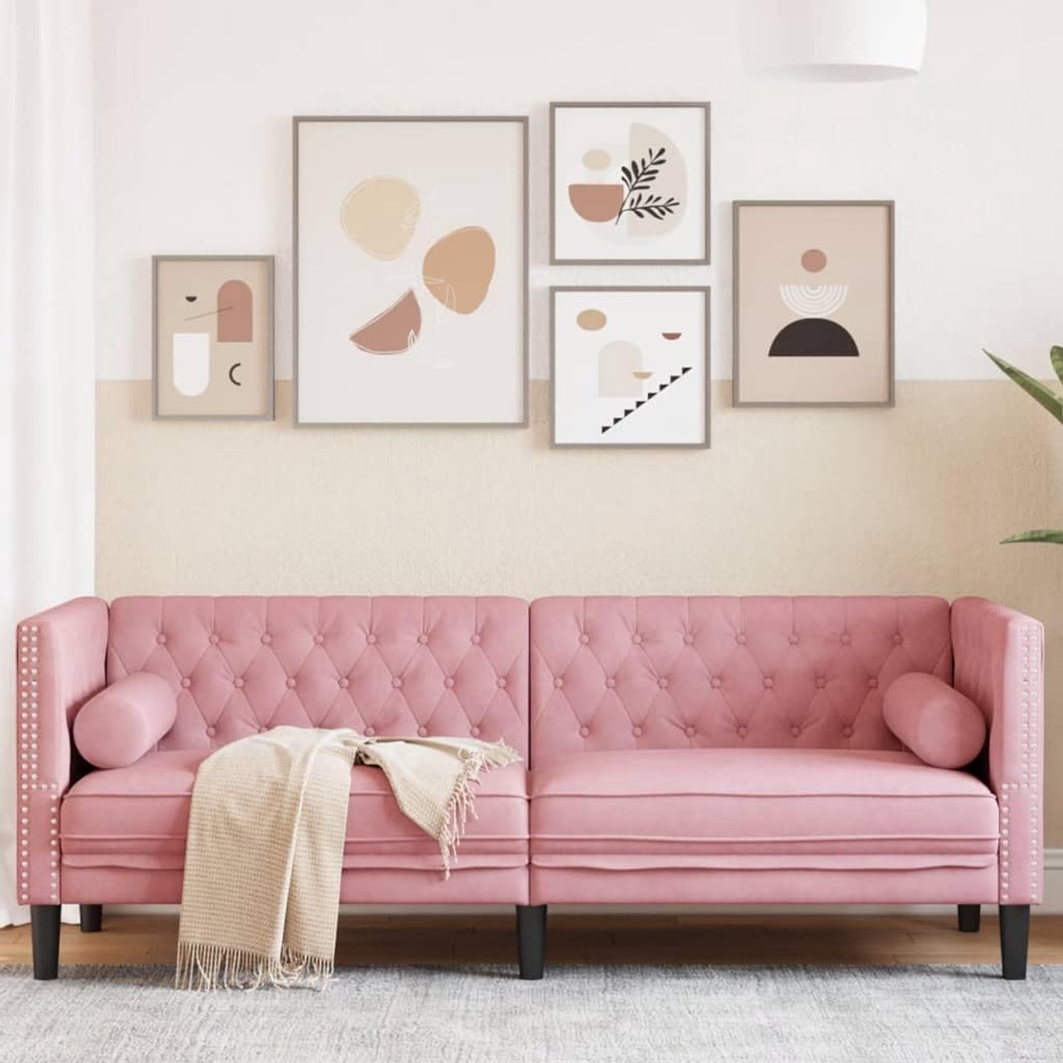 Chesterfieldbank met nekrollen, 3-zits, roze, fluweel, gestoffeerd, woonkamer, zitmeubel