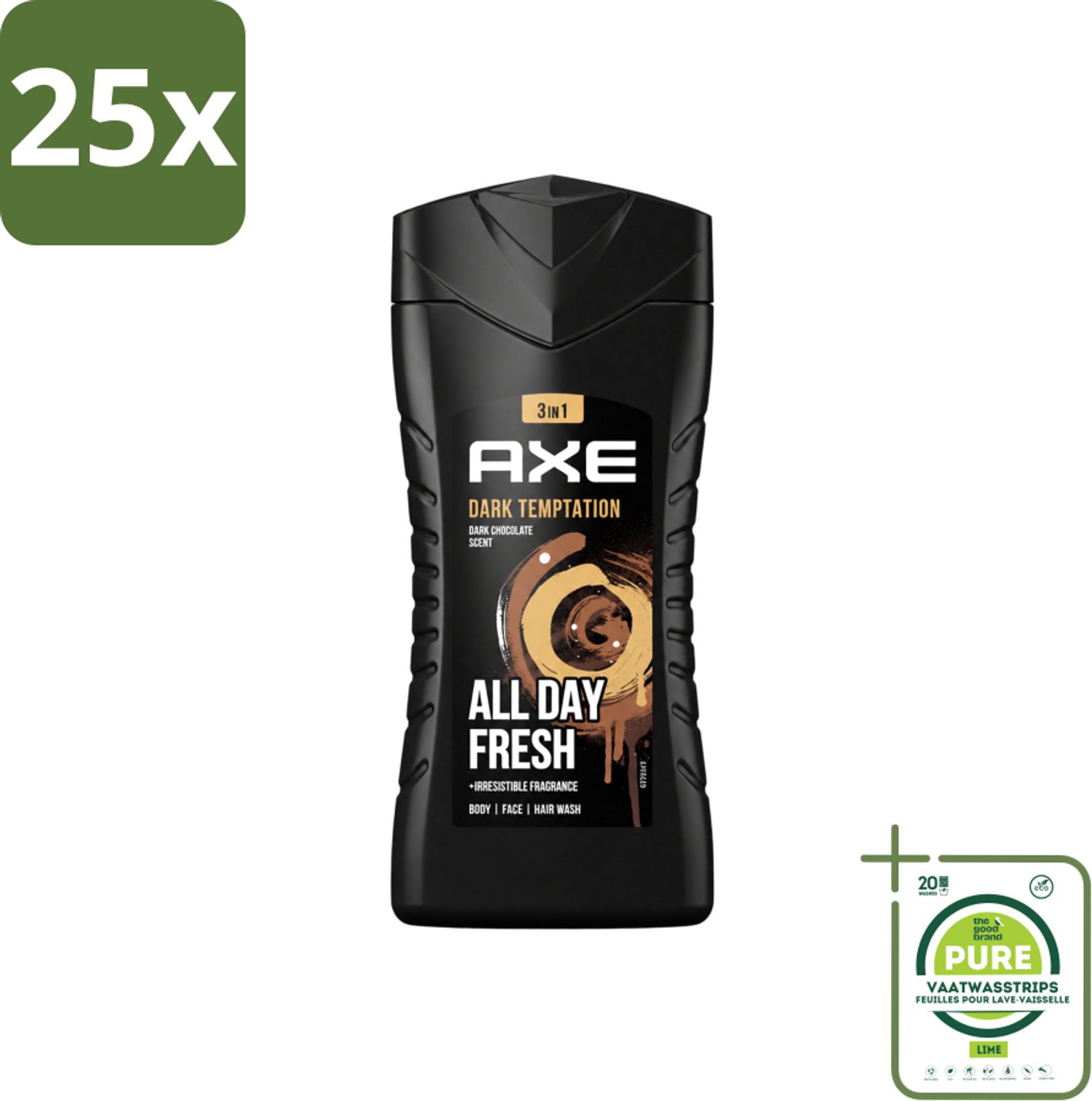 25 x Axe - 3-in-1 Douchegel - Dark Temptation - Dark Chocolate - 12hrs Long Lasting Scent - 250 ml - Grootverpakking - Vaatwasstrips - Douchegel - Geur - Lichaam - Gezicht - Haar