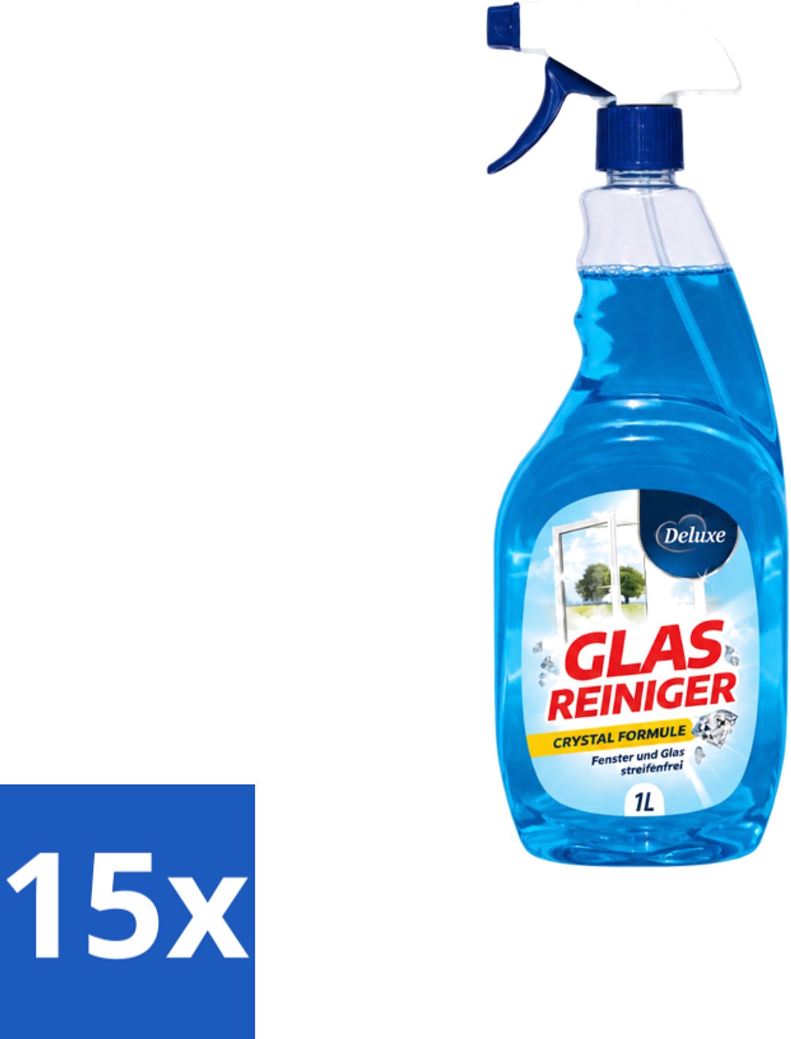15 x Deluxe - Glasreiniger - Crystal Formule - Streeploze Glans - 1L - Voordeelverpakking - 15 stuks