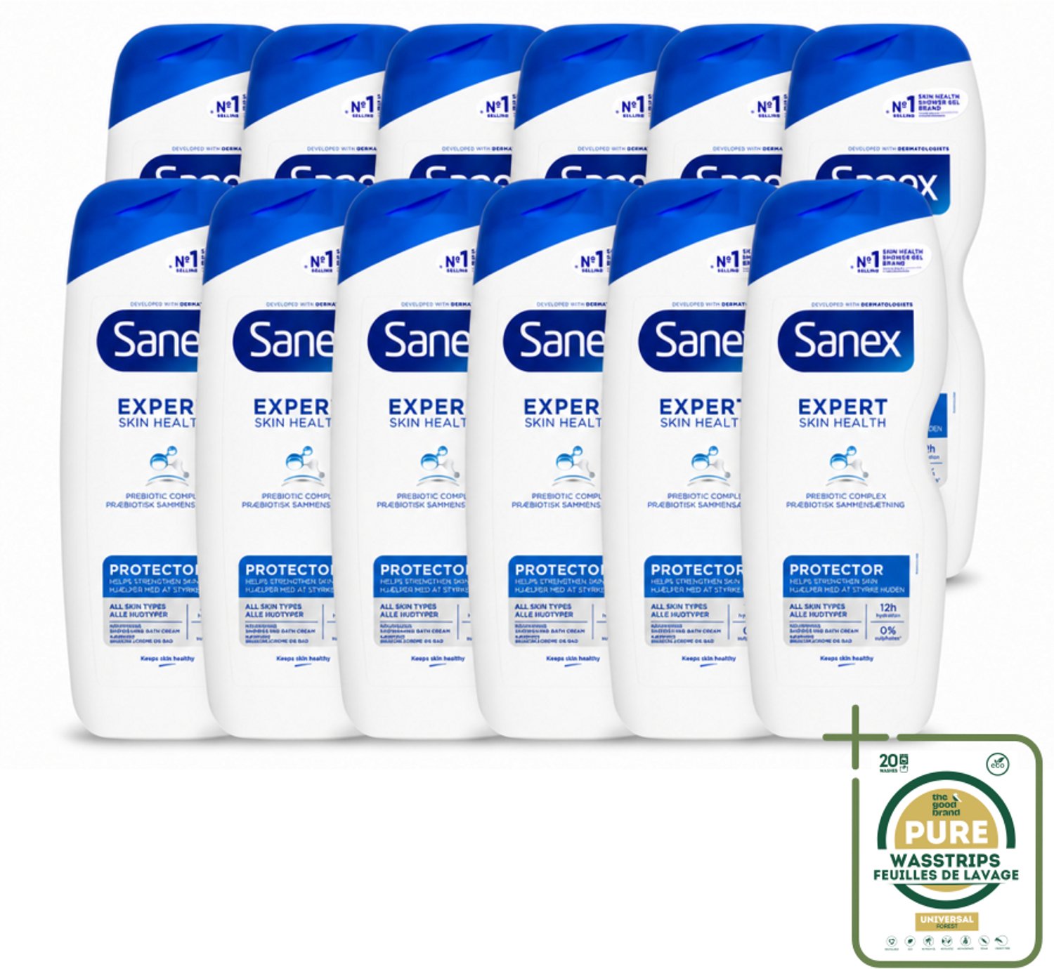 12 x Sanex – Douchegel – Expert Skin Health Protector – 600 ml - Wasstrips - Douchegel - Huidversterkend - Huidgezond - Hydraterend - Huidbarrière