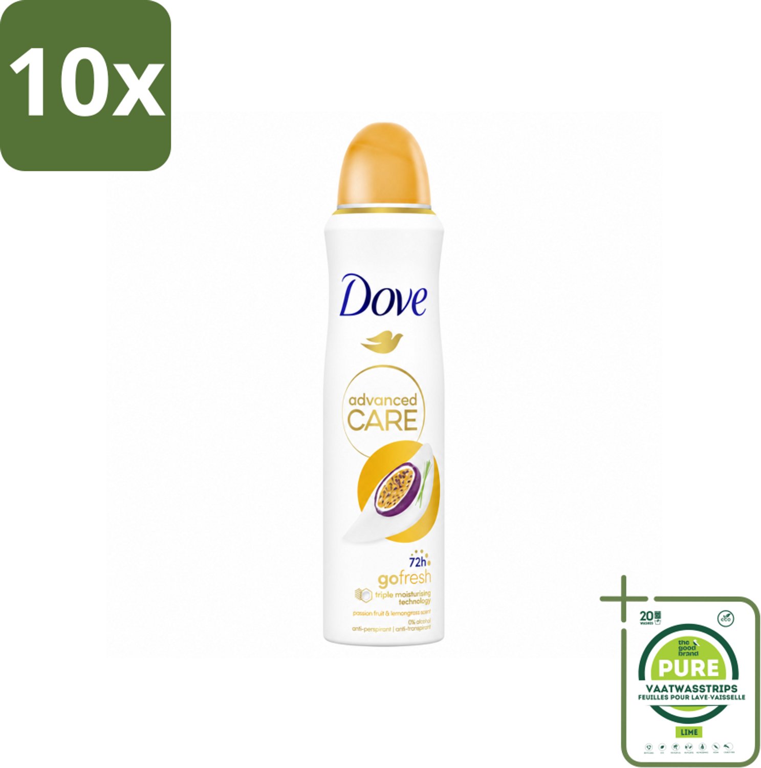 10 x Dove – Deodorant Spray – Passievrucht & Citroengras – 150 ml - Grootverpakking - Vaatwasstrips - Anti-transpirant - Deodorant Spray - Passievrucht - Citroengras - Zweetbehandeling