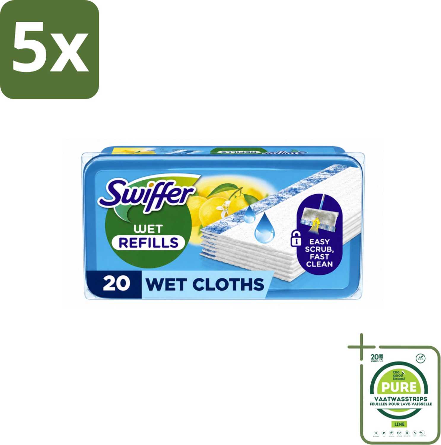 5 x Swiffer - Vloerdoekjes – Citrus Fresh – 20 doekjes - Grootverpakking - Vaatwasstrips - Vloerdoekjes Navullingen - Schoonmaken - Vuil Oplossen - Citroengeur - Schrobdoekjes