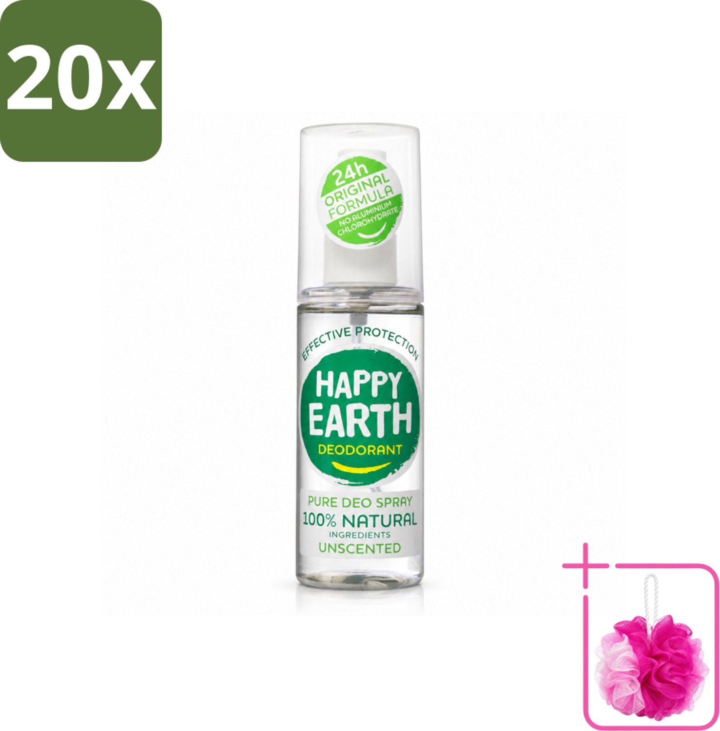 20 x Happy Earth – Deodorant Spray – 100% Natuurlijk Unscented – 100 ml - Bulkverpakking - Geurloos deodorant - Douchemop - Hypoallergene deodorant