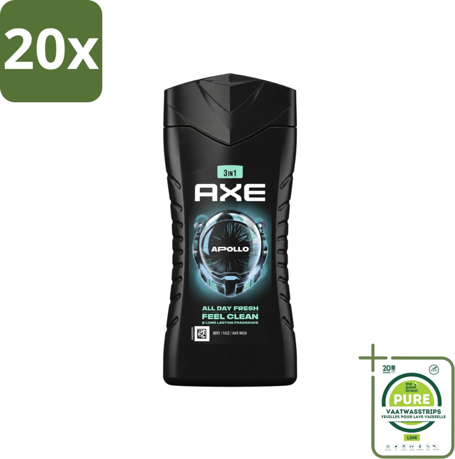20 x Axe - 3-in-1 Douchegel - Apollo - Sage & Cedarwoord - 12hrs Long Lasting Scent - 250 ml - Grootverpakking - Vaatwasstrips - Douchegel Lichaam Gezicht Haar - Geur Salie Cederhout - 12 Uur Fris - Bacteriënverwijdering - Plantaardige Moisturizers