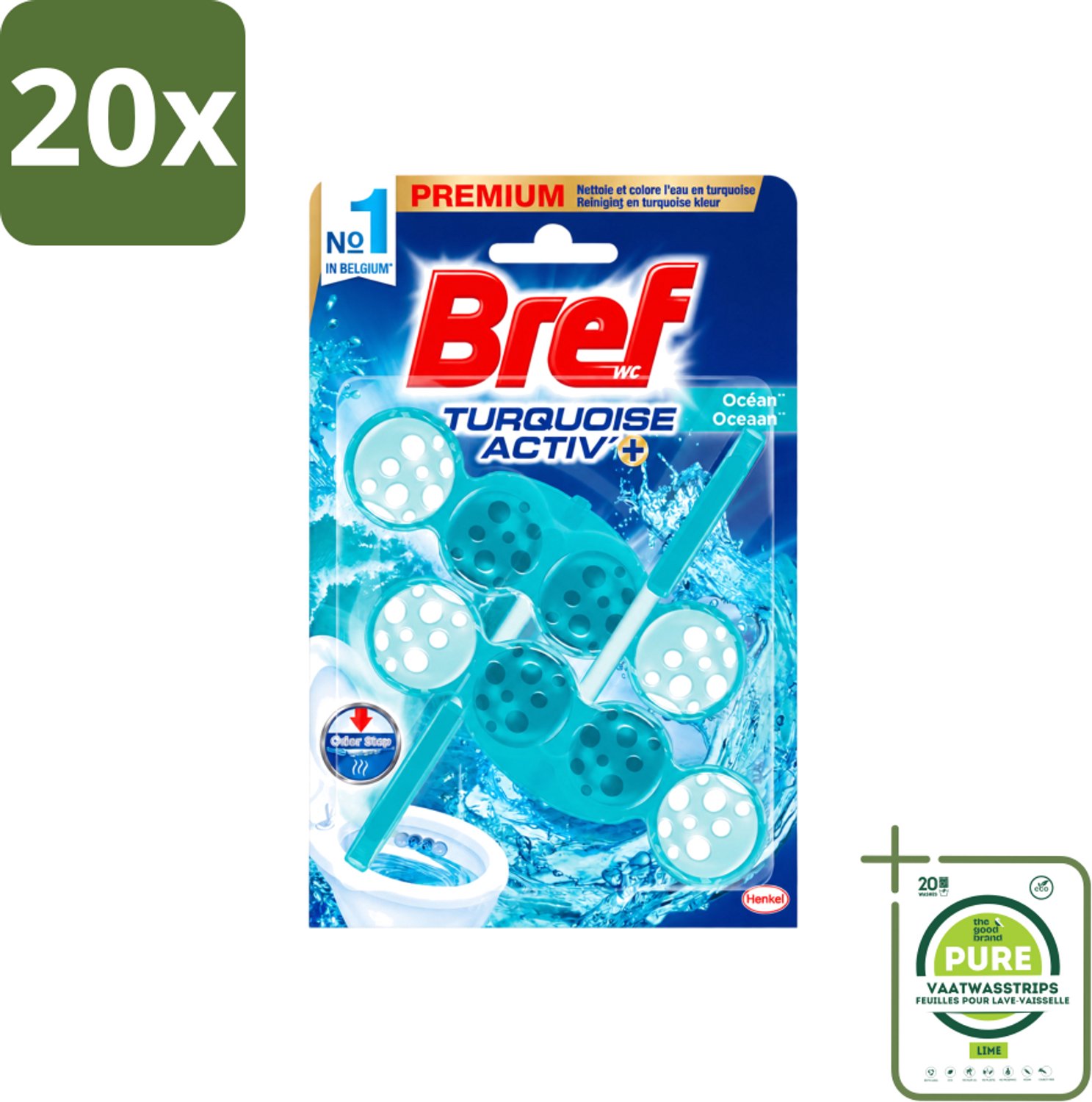 20 x Bref WC - Turquoise Activ+ - Toiletblok - Oceaan - 2 Blokken - Grootverpakking - Vaatwasstrips - Toilet - Toiletblok - Oceaanfrisheid - Reiniging - Anti-kalk