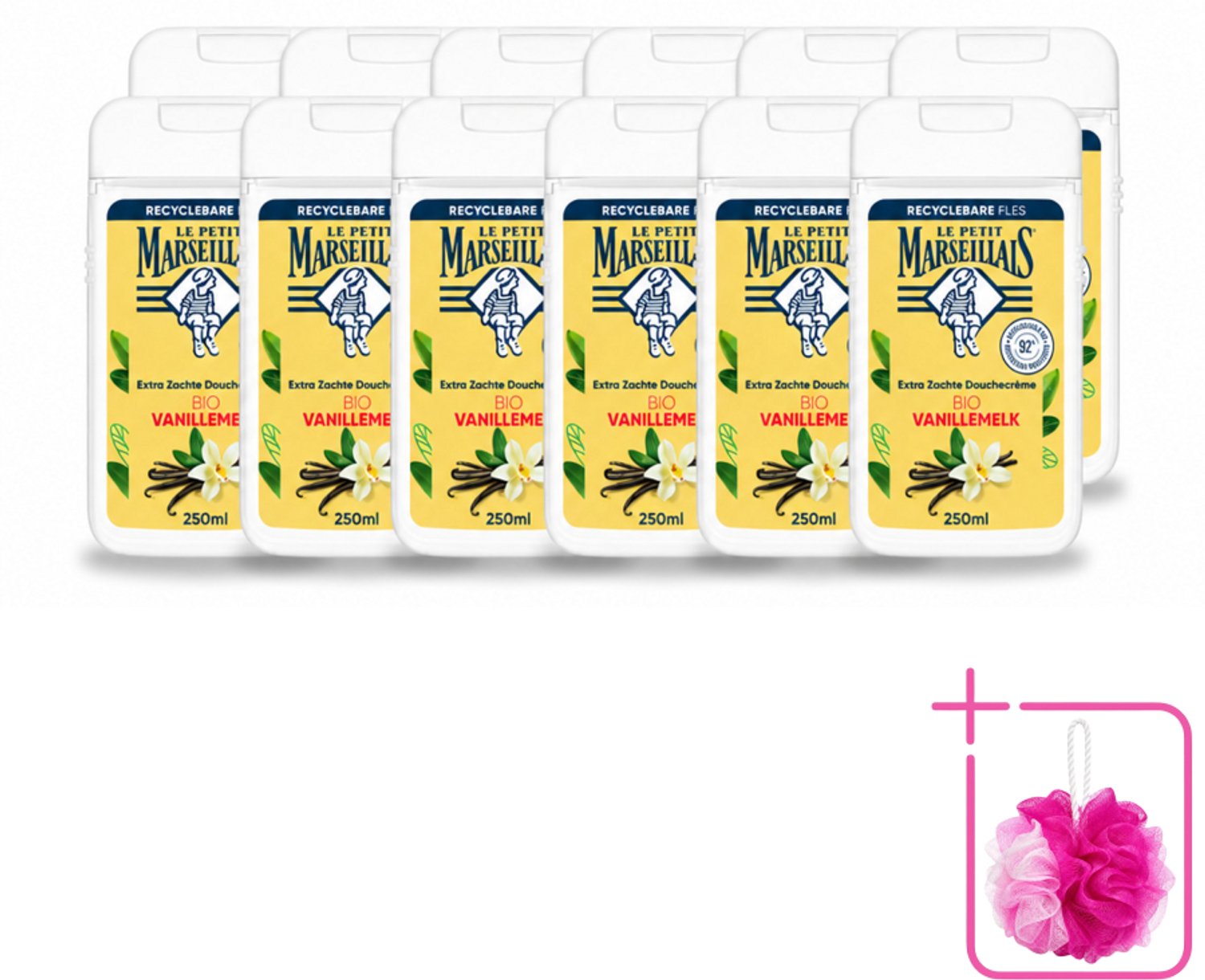 12 x Le Petit Marseillais – Douchecrème – Lait de Vanille Bio – Extra zacht – 250 ml - Bulkverpakking - Douchecrème - Douchemop - Vanille