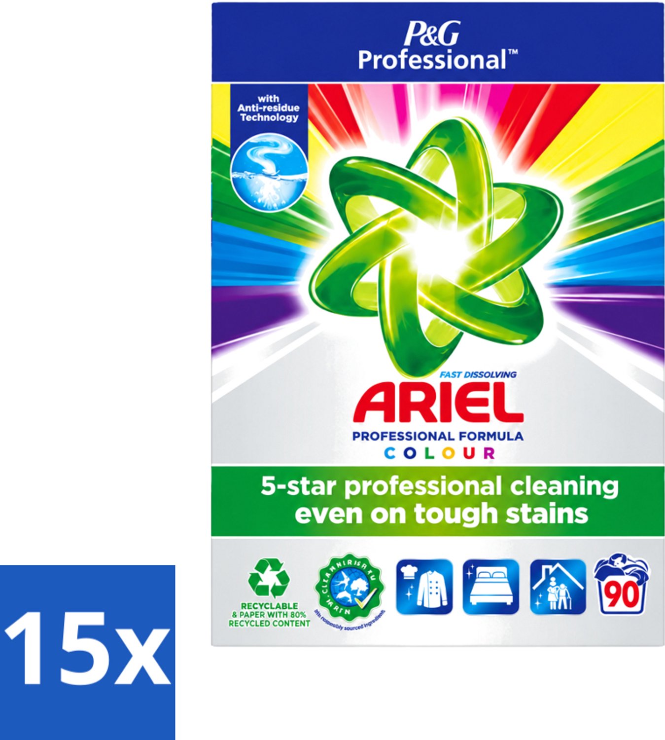 15 x Ariel Professional - Waspoeder - Gekleurde Was - 90 Wasbeurten - Voordeelverpakking - 15 stuks
