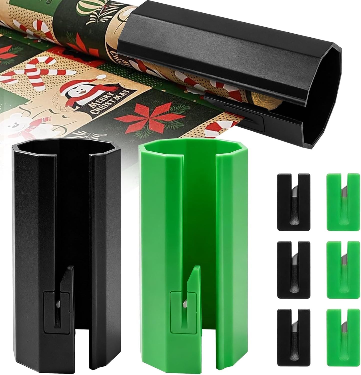 Cadeaupapiersnijder voor rollen, veilige papiersnijder met 2 snijrollen, ideaal voor knutselen en feestelijke gelegenheden zoals Kerstmis en verjaardagen