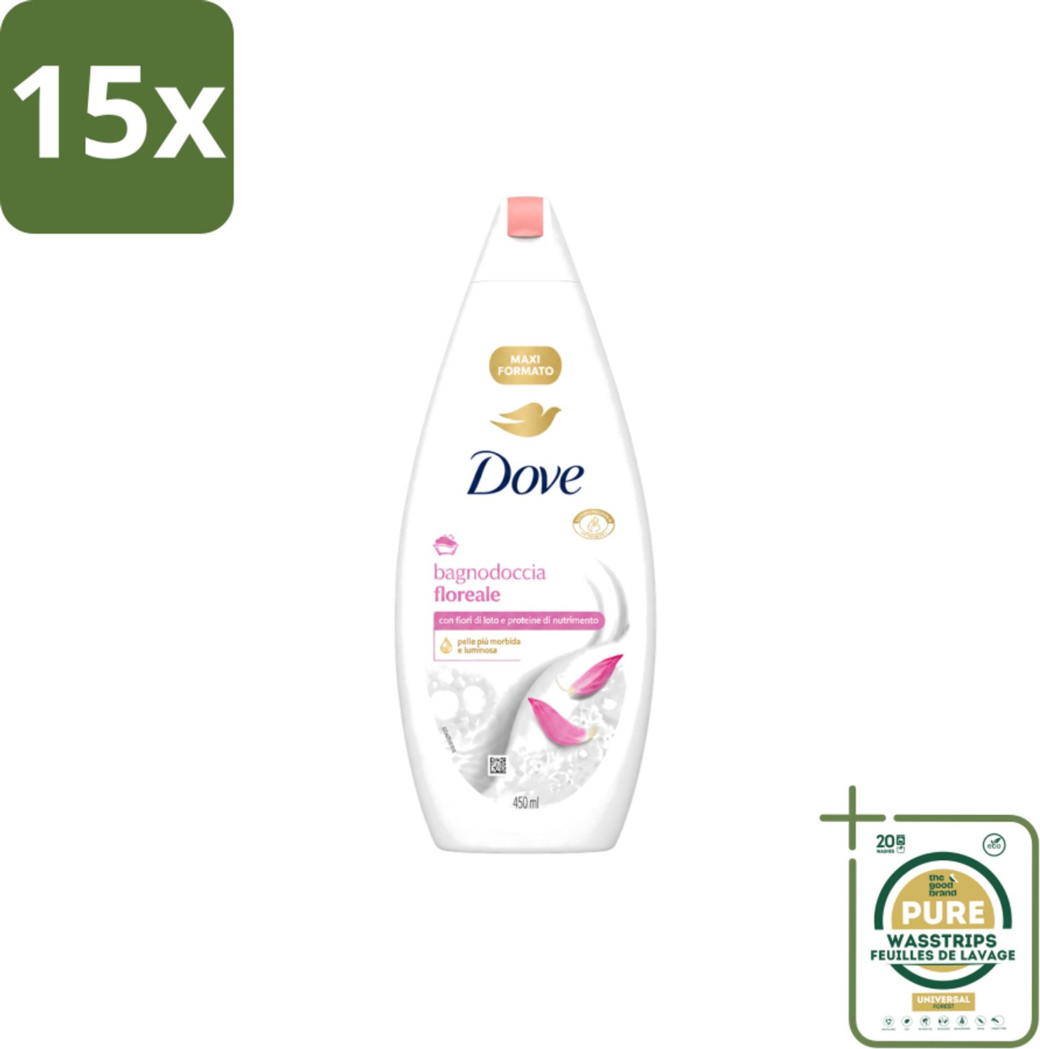 15 x Dove – Douchegel – Lotus Bloem – 450 ml - Wasstrips - Douchegel Lotus Bloem - Mild Reinigen - Huid Verzorgen - Hydraterende Douchegel - Lotusbloemextract