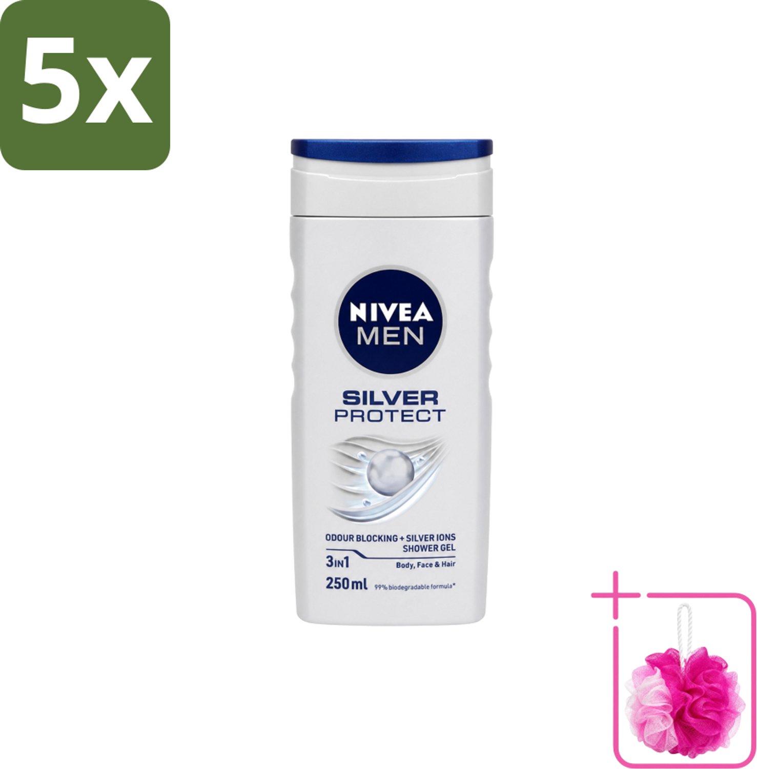 5 x Nivea Men – Douchegel – Silver Protect – 250 ml - Bulkverpakking - Douchegel mannen - Douchemop - Zilverionen