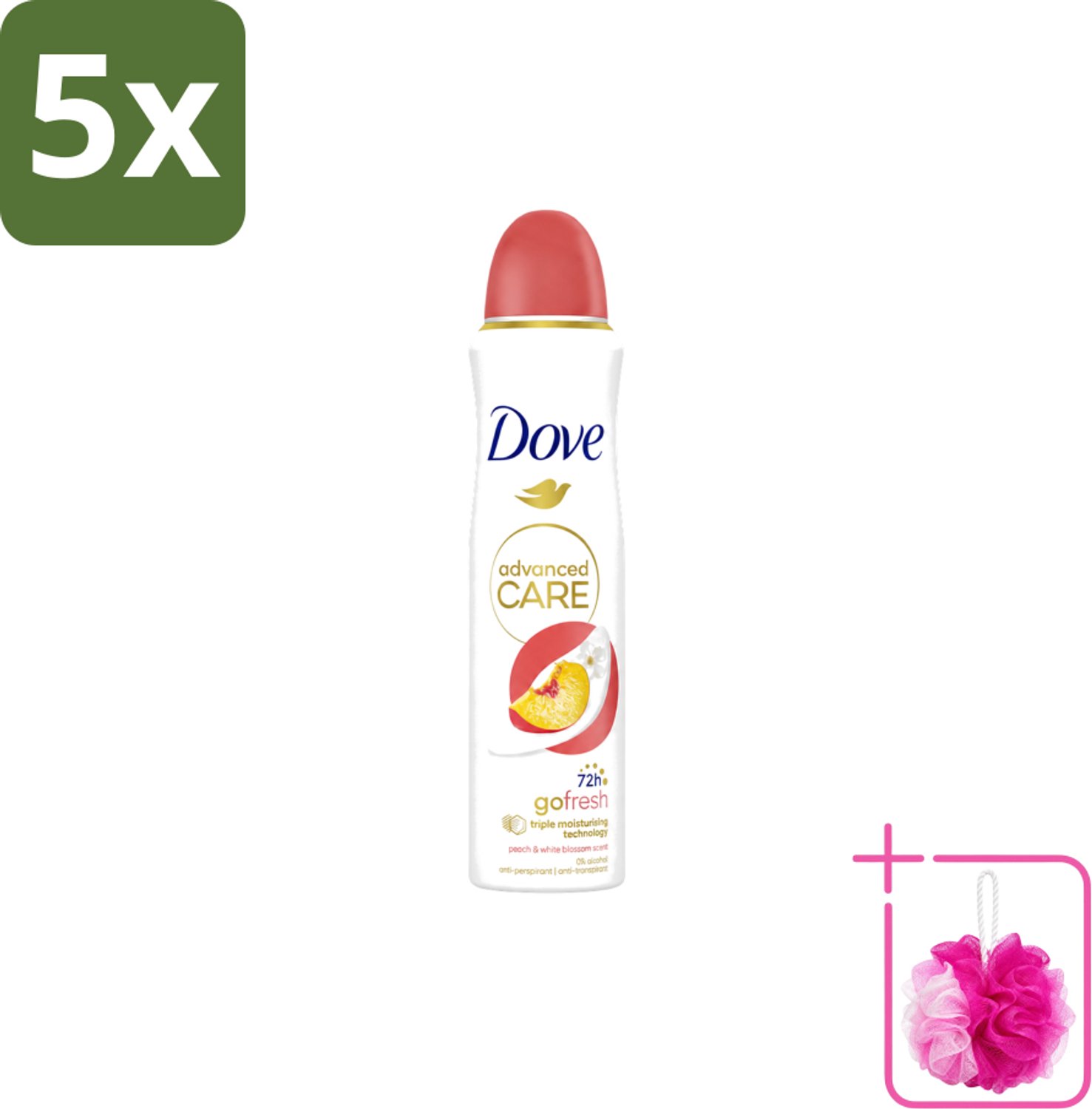 5 x Dove – Deodorant Spray – Peach & White Blossom – 150 ml - Bulkverpakking - Deodorant spray - Douchemop - Fris