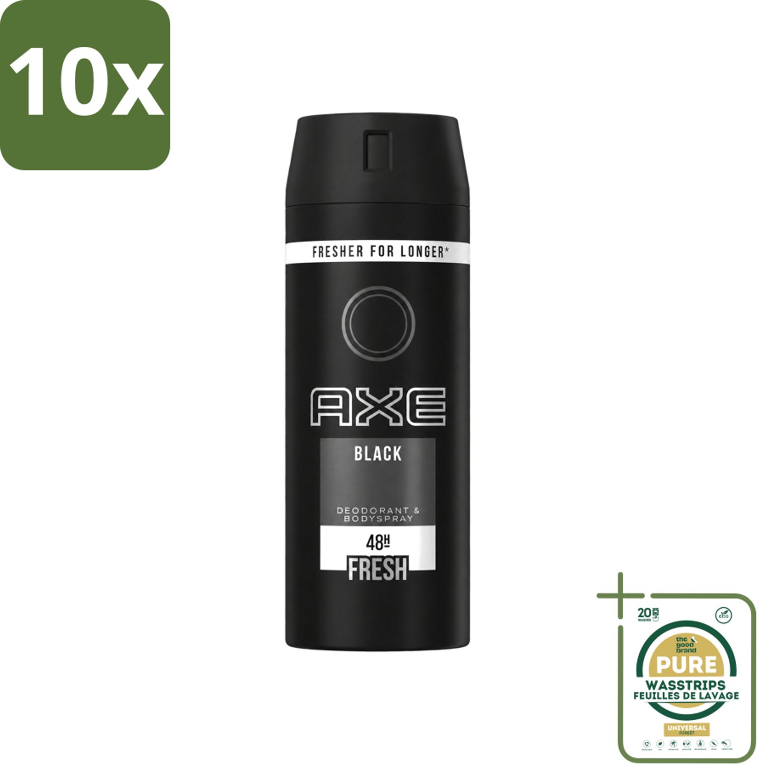 10 x Axe - Deodorant Bodyspray - 48hrs Fresh - Black - 150 ml - Wasstrips - Axe Deodorant - Bodyspray - Anti-transpirant - Zweetgeur - Sandelhout