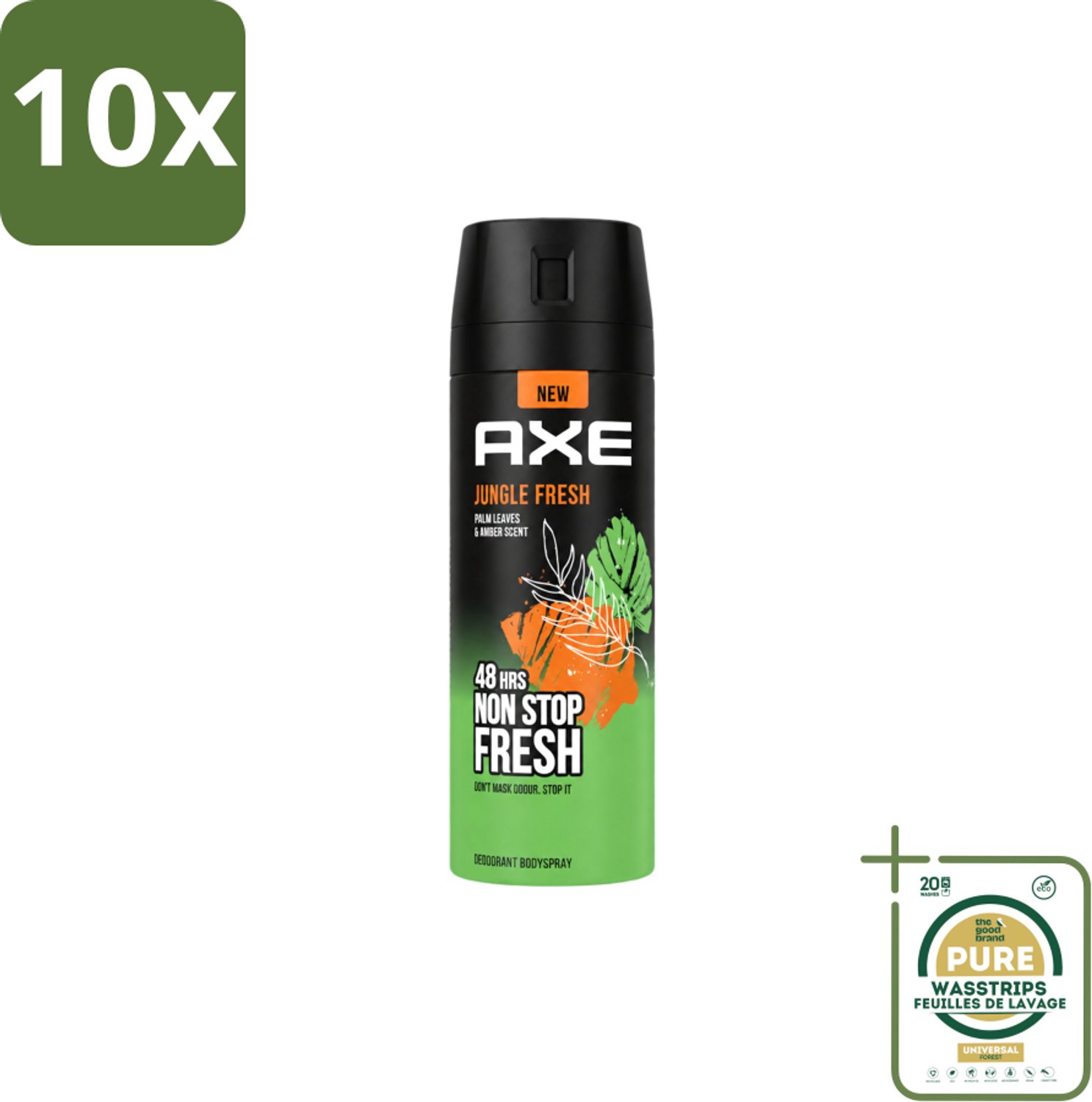10 x Axe – Deodorant Bodyspray – Jungle Fresh – 150 ml - Wasstrips - Deodorant Bodyspray - Frisse Geur - 48 Uur Frisheid - Zinktechnologie - Palmbladeren Geur