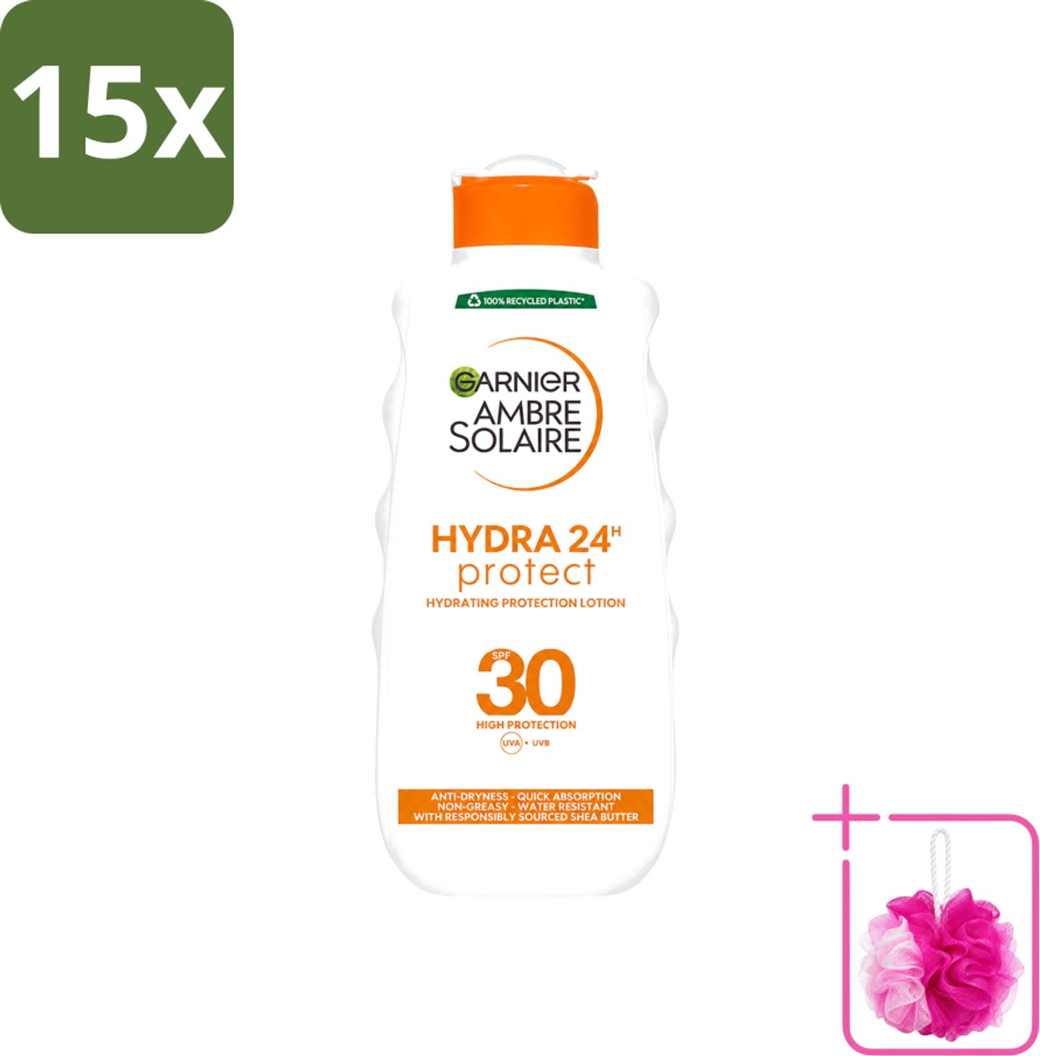 15 x Garnier - Ambre Solaire - Hydraterende Zonnebrand Melk - SPF 30 - 200 ml - Bulkverpakking - Zonnescherm - Douchemop - Zonnebrandmelk