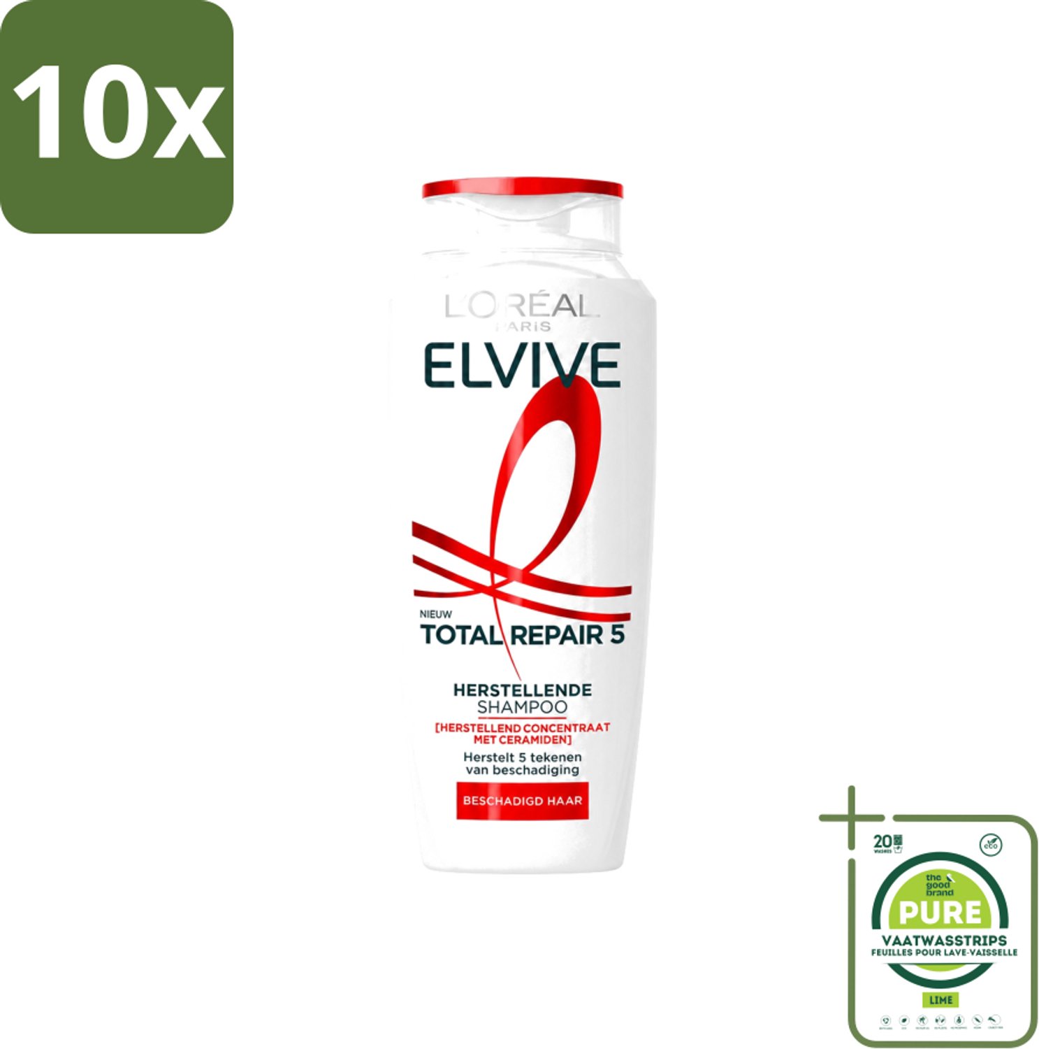 10 x L’Oréal Paris Elvive – Shampoo – Total Repair 5 – Herstellend – 250 ml - Grootverpakking - Vaatwasstrips - Beschadigd Haar - Droog Haar - Futloos Haar - Herstel Shampoo - Haar Herstellen