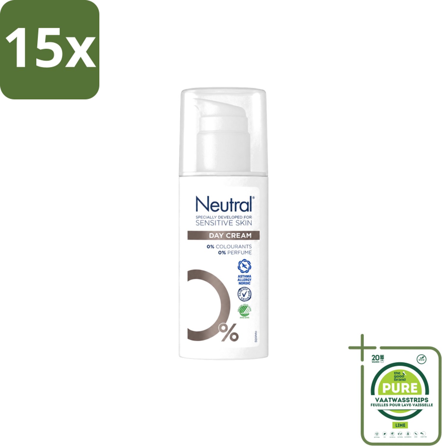 15 x Neutral – Dagcrème – Parfumvrij – 50 ml - Grootverpakking - Vaatwasstrips - Gevoelige Huid - Dagcrème - Hydratatie - Glycerine - Parfumvrij