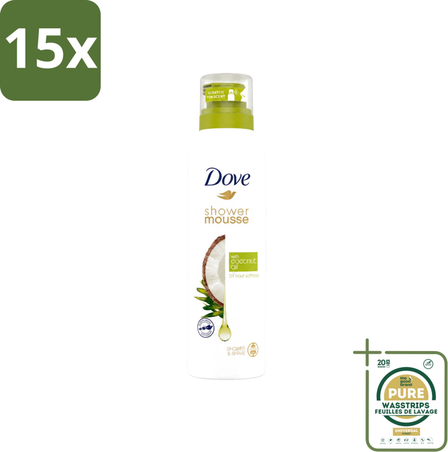 15 x Dove - Douchemousse - Coconut Oil - Voedend en verzorgend - 200 ml - Wasstrips - Douchemousse - Kokosolie - Voedend - Huid Verzorging - Scheren