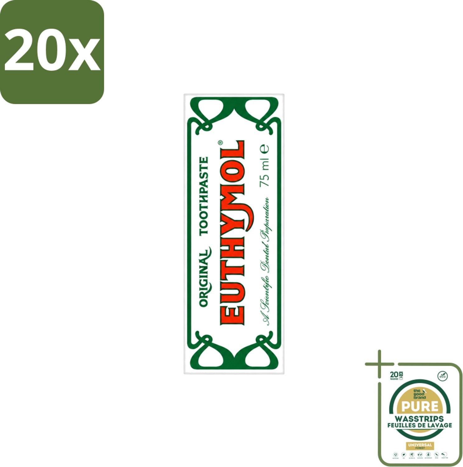 20 x Euthymol – Tandpasta – Original Dentifrice – 75 ml - Wasstrips - Tandpasta - Thymol - Fluoridevrij - Mondhygiëne - Tanden Reinigen