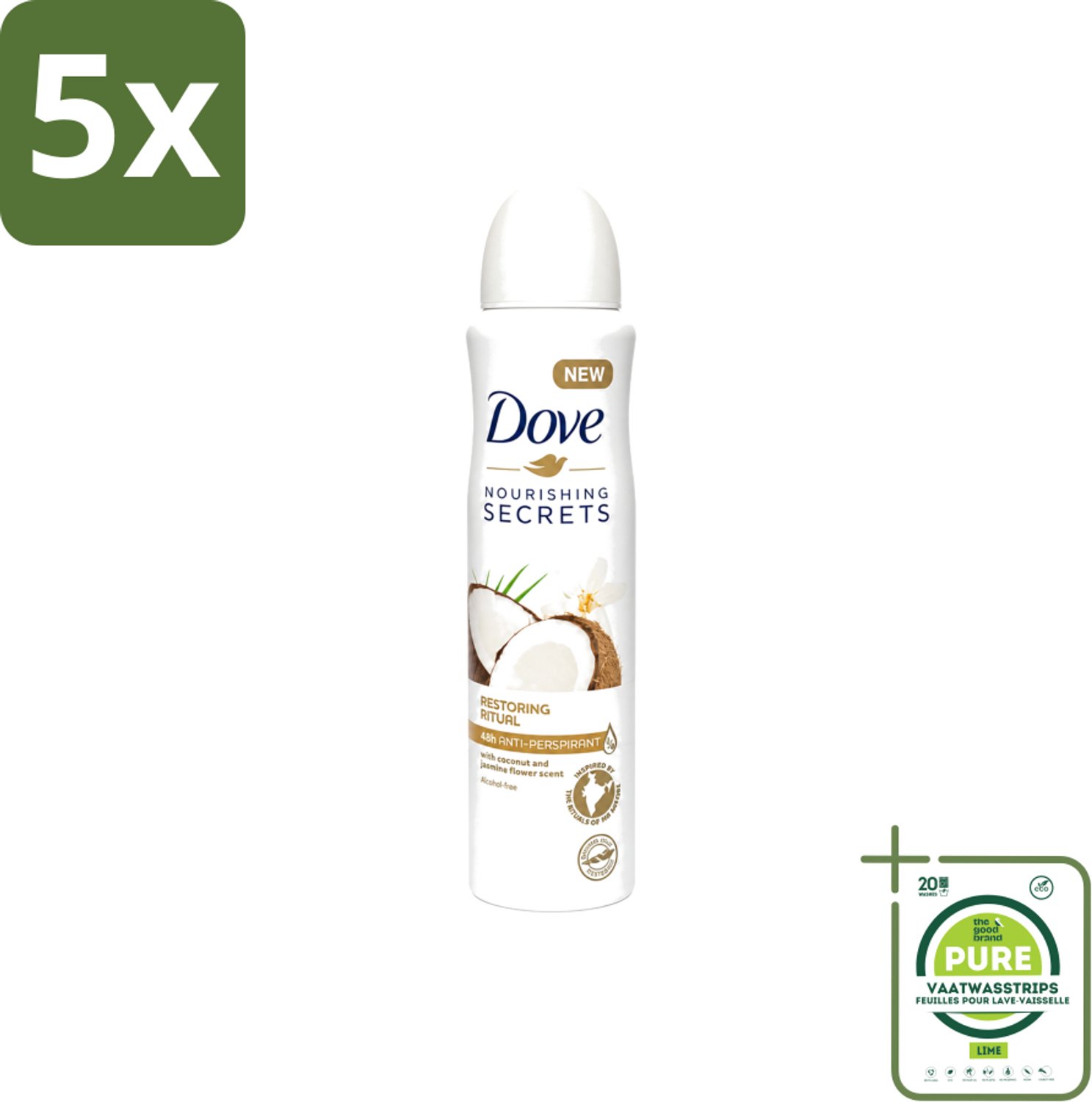 5 x Dove – Deodorant Spray – Restoring Ritual Cocos & Jasmijn – 150 ml - Grootverpakking - Vaatwasstrips - Deodorant Spray - Okselverzorging - Kokos En Jasmijn - Alcoholvrije Deodorant - Huidverzorging