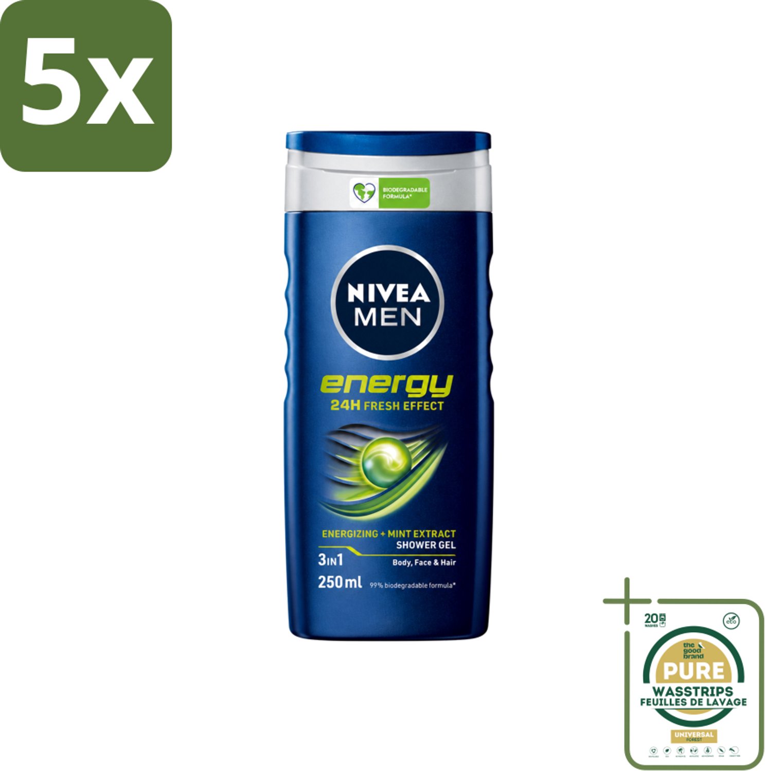 5 x Nivea - Men - Energy Douchegel - Langdurig Fris Gevoel - 250 ml - Wasstrips - Douchegel Voor Mannen - 2 In 1 Douchegel - Energieboost - Fris Gevoel - Mintextract