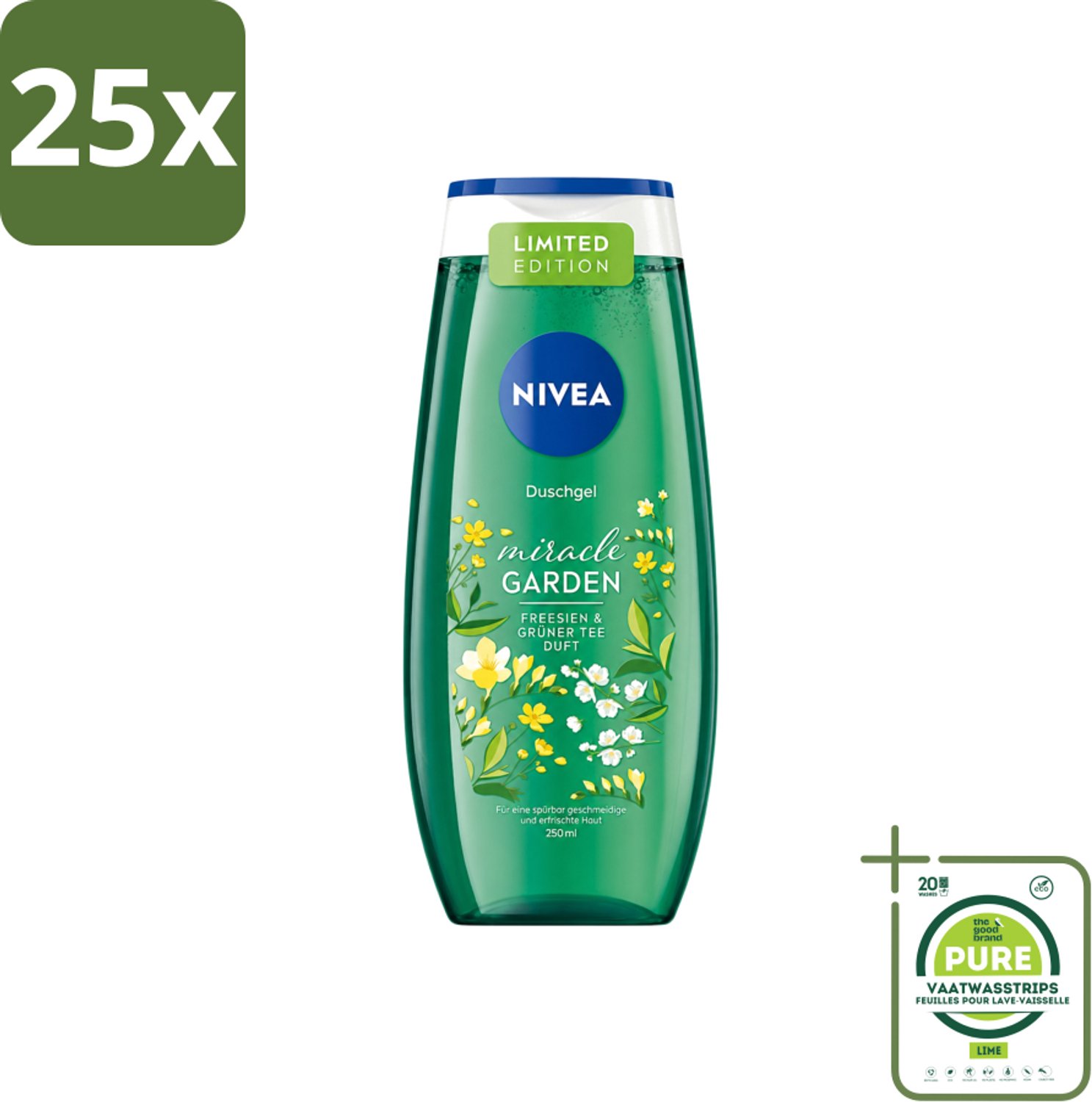 25 x Nivea - Douchegel - Freesia & Groene Thee - 250 ml - Grootverpakking - Vaatwasstrips - Douchegel - Freesia - Groene Thee - Huidverzorging - Hydraterende Douchegel