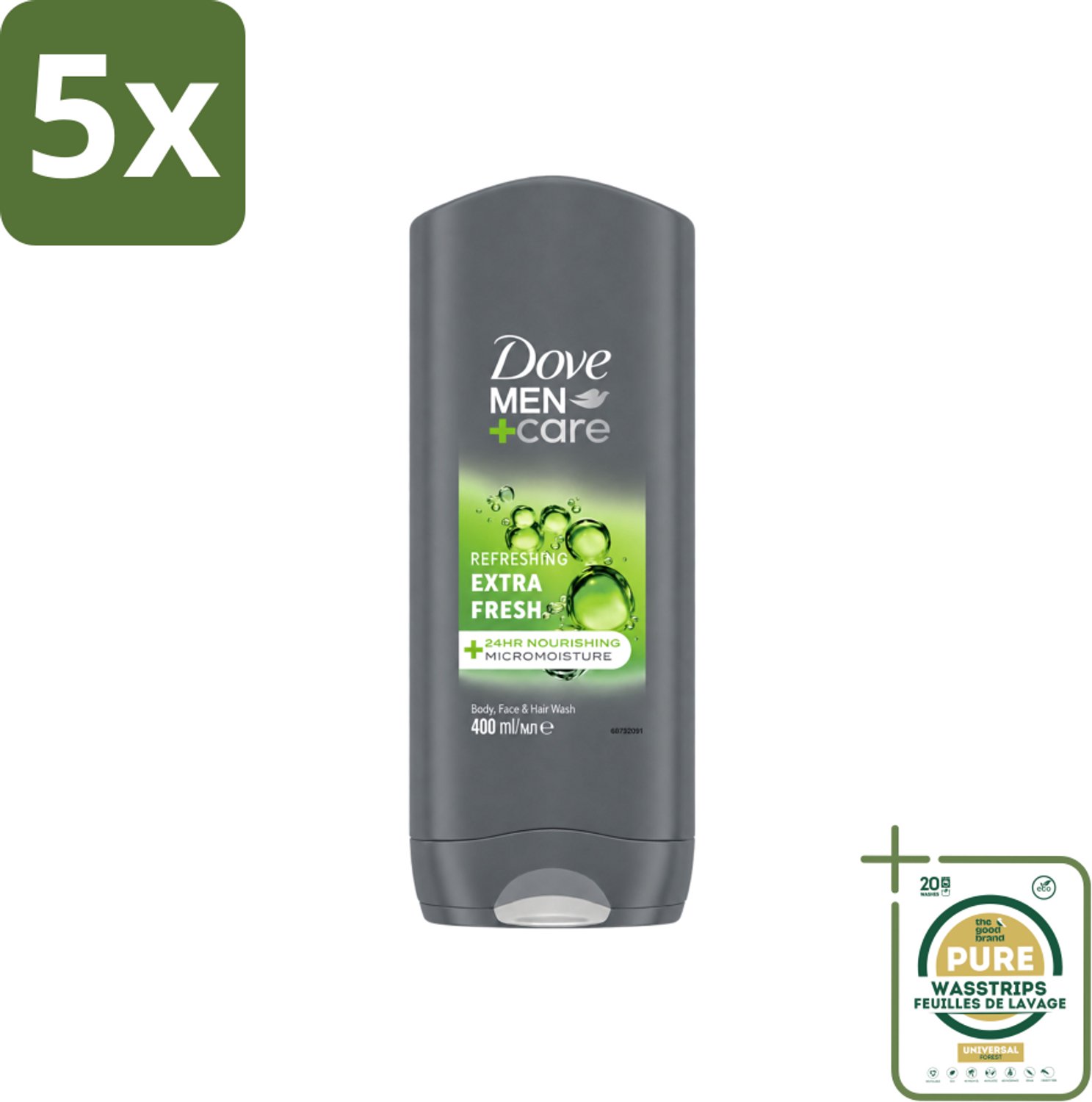 5 x Dove - Douchegel - Men+ Care Extra Fresh - Verfrissend - 400 ml - Wasstrips - Douchegel Mannen - Reiniging Mannenhuid - Frisse Geur - Energie Gevoel - Milde Douchegel