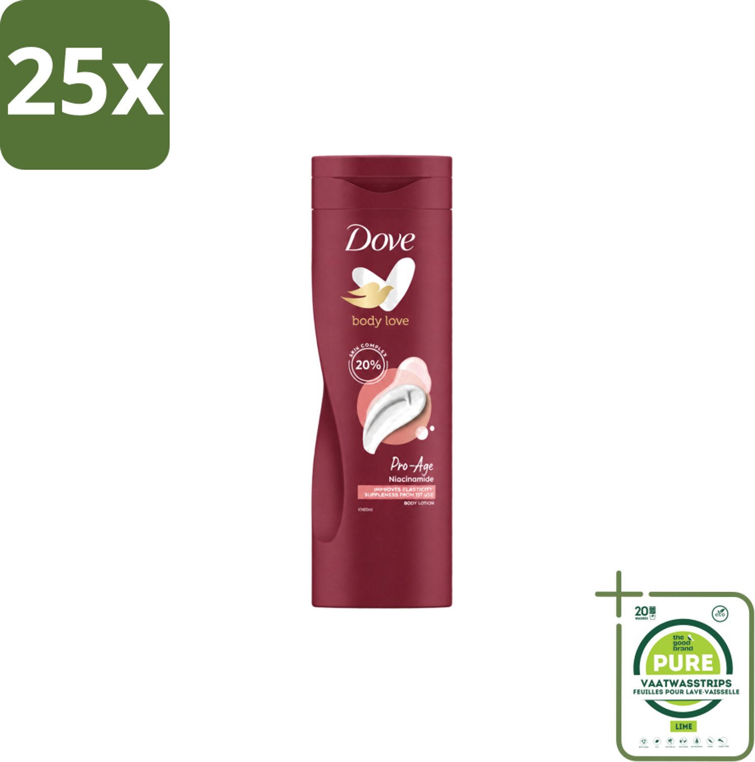 25 x Dove – Bodylotion – Body Love Pro Age – 400 ml - Grootverpakking - Vaatwasstrips - Hydratatie Huid - Bodylotion Voor Rijpere Huid - AHA Complex - Niacinamide - Huidverzorging
