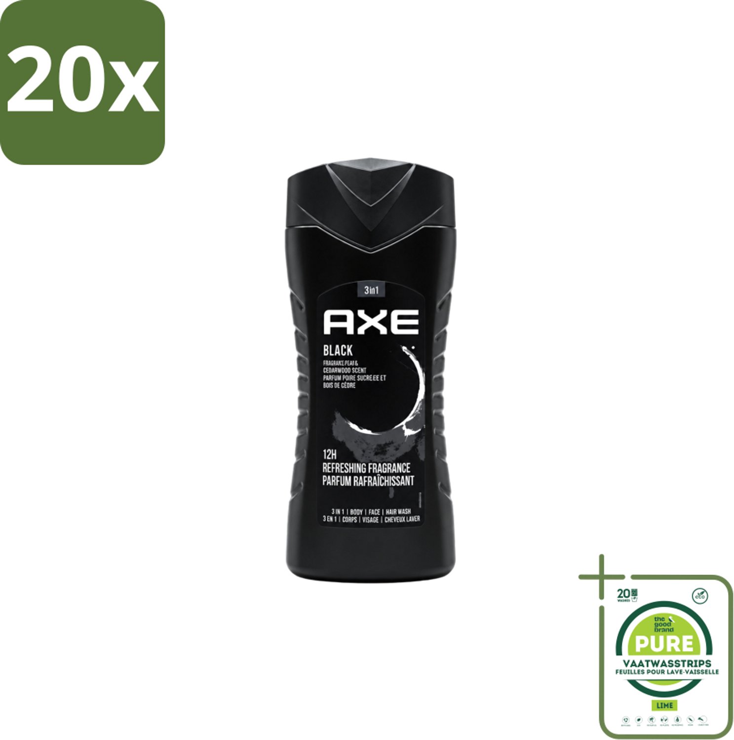 20 x Axe – Douchegel – Black – Houtachtig & Fris - 250 ml - Grootverpakking - Vaatwasstrips - Douchegel - Frisheid - Mannelijke Geur - Cederhout - Peer