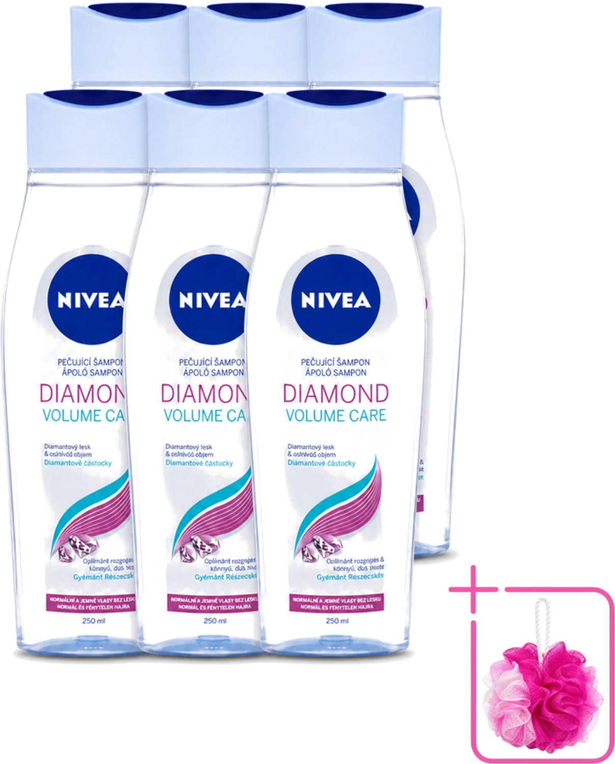 6 x Nivea - Diamond Volume Care Shampoo - 250 ml - Bulkverpakking - Volume haar - Douchemop - Glans haar