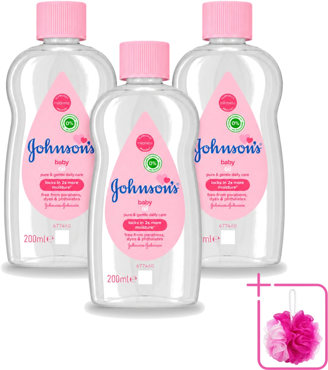 3 x Johnson's - Baby Olie - Puur & Zacht - 200 ml - Bulkverpakking - Babyolie - Douchemop - Babyhuid verzorging