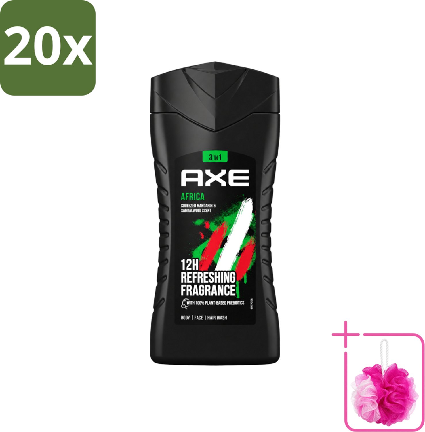20 x Axe - 3-in-1 Douchegel - Africa - Squeezed Mandarin & Sandalwood - 100% Plantaardig - 250 ml - Bulkverpakking - Douchegel - Douchemop - Axa africa