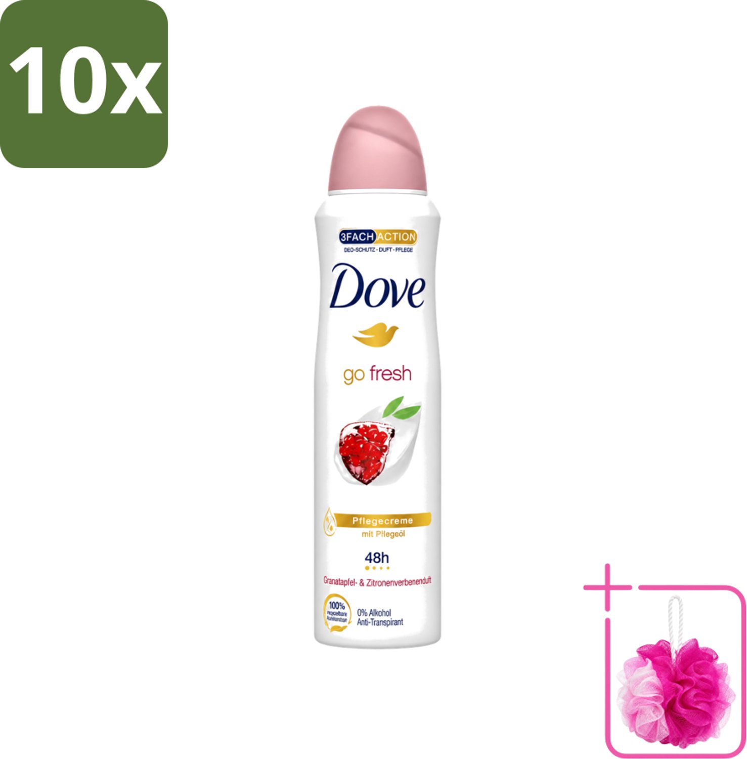 10 x Dove - Deodorant - Go Fresh Granaatappel - Frisse en fruitige geur - 150 ml - Bulkverpakking - Dove Go Fresh - Douchemop - Granaatappel