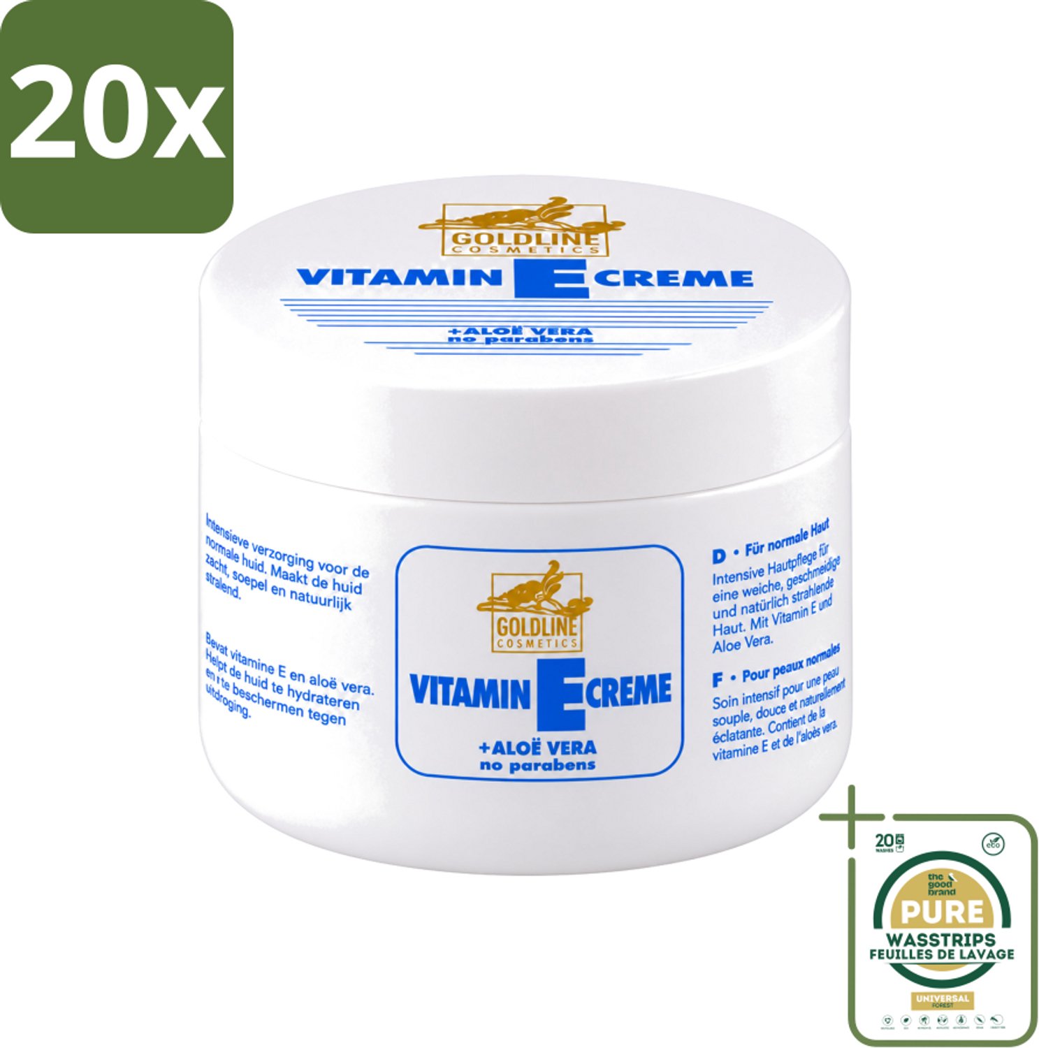 20 x Goldline - Bodycrème - Vitamine-E & Aloë Vera - Normale Huid - Hydraterend - 250 ml - Wasstrips - Bodycrème - Vitamine E - Aloë Vera - Hydraterend - Huidverzorging