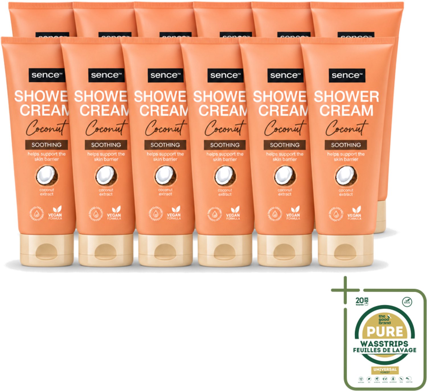 12 x Sence - Coconut - Douchecrème - Verzorgend - 200 ml - Wasstrips - Douchecrème Kokos - Kokosgeur - Verzorgende Douche - Huidverzorging - Hydraterende Douchecrème