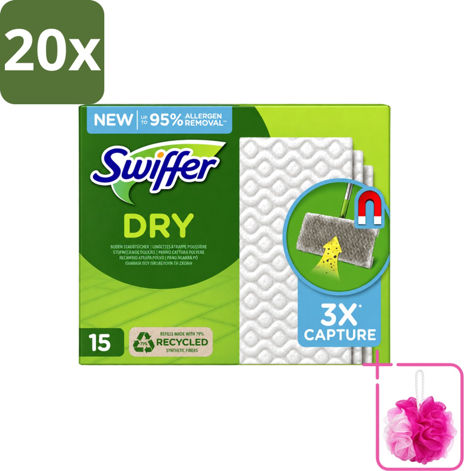 20 x Swiffer Dry - Vloerdoekjes - Navulling - Gerecyclede Fibers - 15 Doekjes - Bulkverpakking - Stofwisdoekjes - Douchemop - Stof opnemen