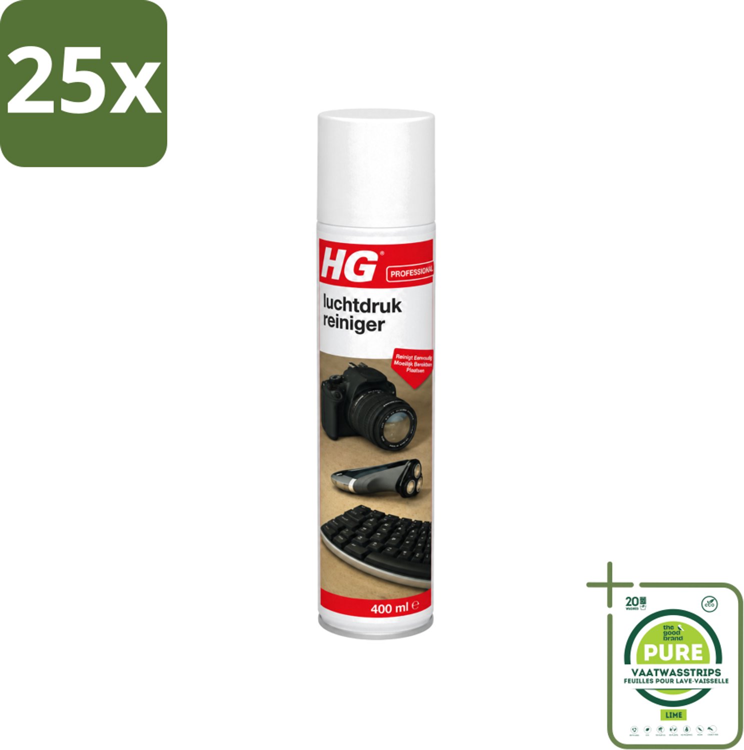 25 x HG - Luchtdrukreiniger - Reinigt Eenvoudig Moeilijk Bereikbare Plaatsen - 400 ml - Grootverpakking - Vaatwasstrips - Luchtdrukreiniger - Stof Verwijderen - Losse Vervuiling - Toetsenbord Reinigen - Printer Reinigen