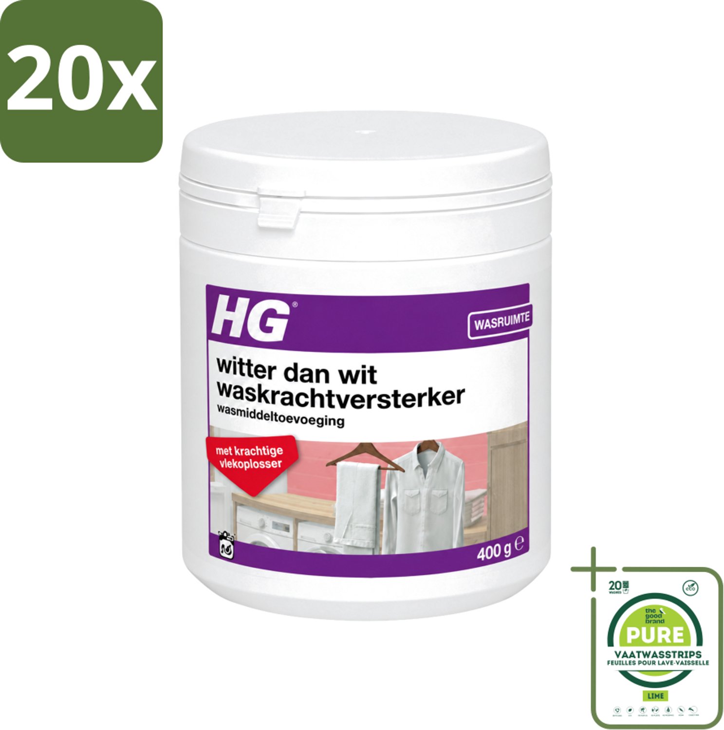 20 x HG - Wasruimte - Witter Dan Wit - Wasmiddeltoevoeging - 400 g - Grootverpakking - Vaatwasstrips - Wit Textiel - Wasmiddel - Waskracht - Witheid - Wasgoed